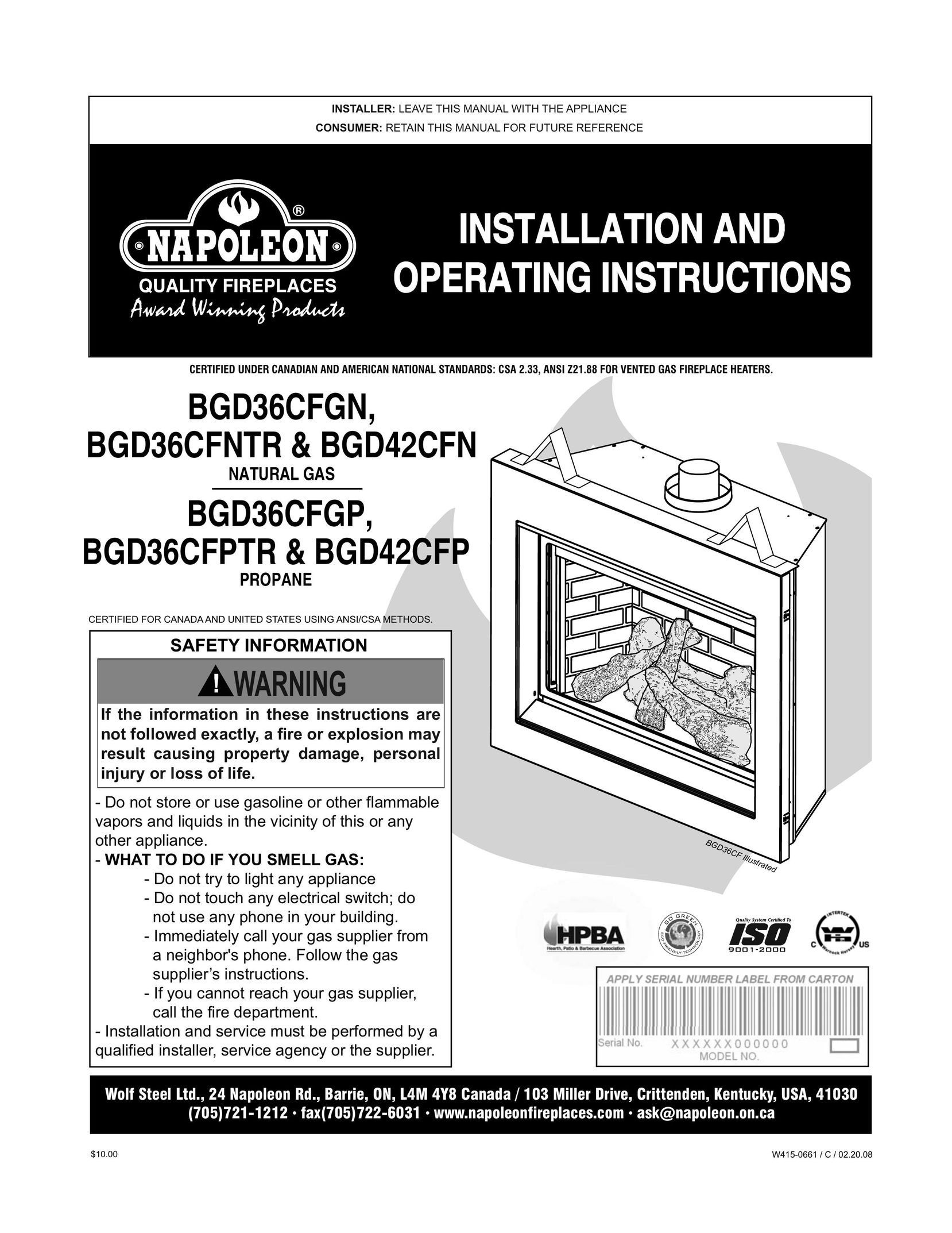 Napoleon Fireplaces BGD36CFGN Indoor Fireplace User Manual