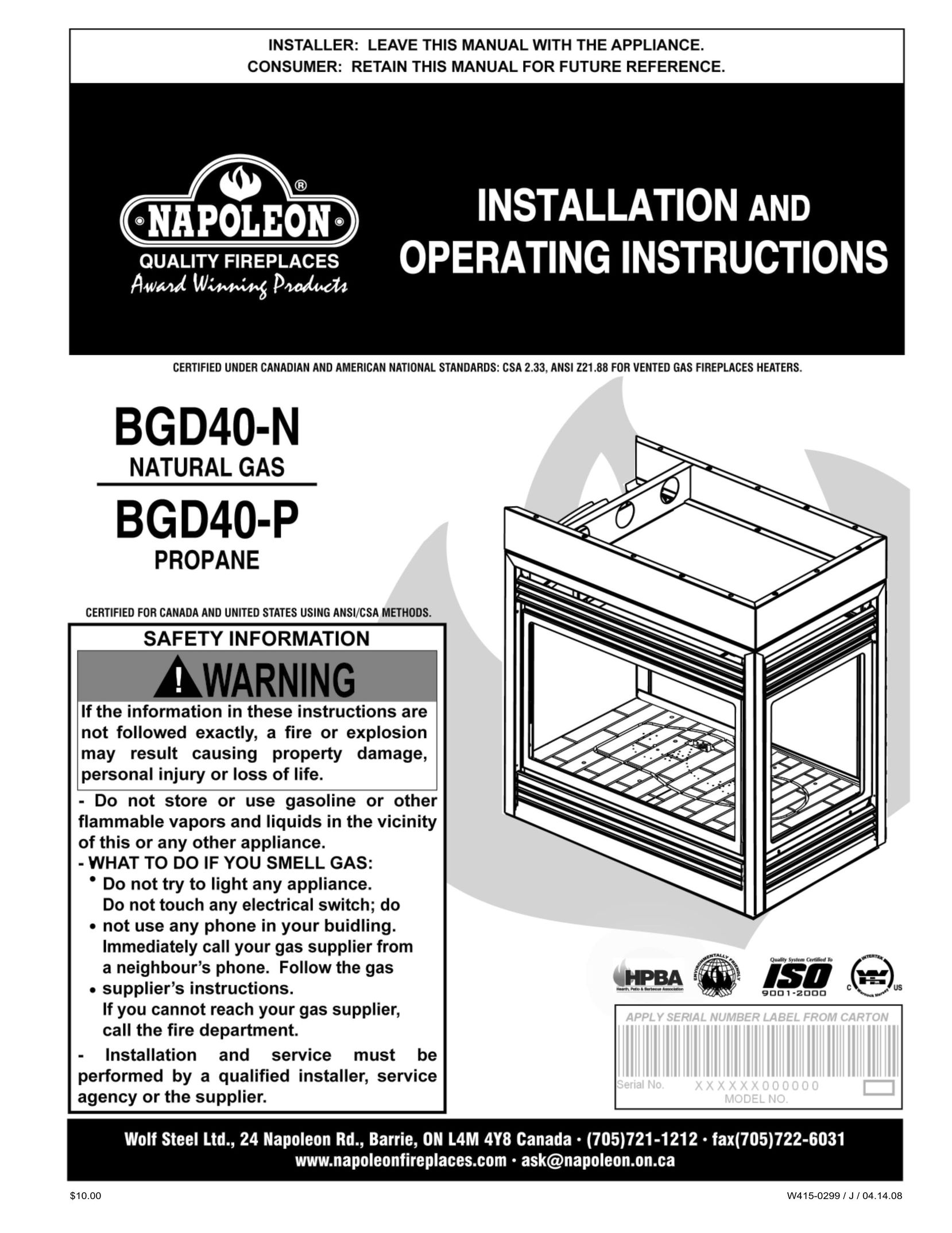 Napoleon Fireplaces BGD40-N Indoor Fireplace User Manual