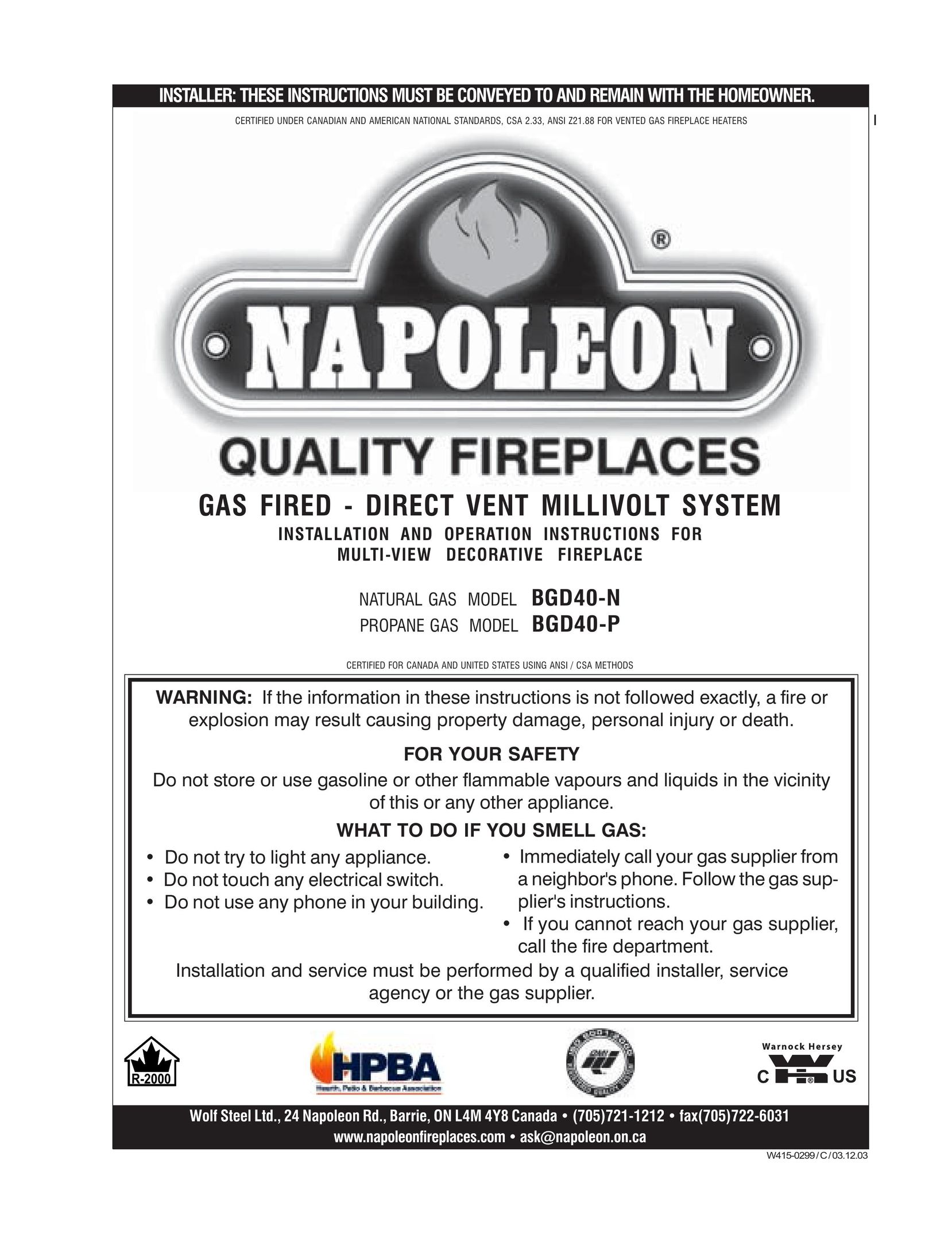 Napoleon Fireplaces BGD40-P Indoor Fireplace User Manual