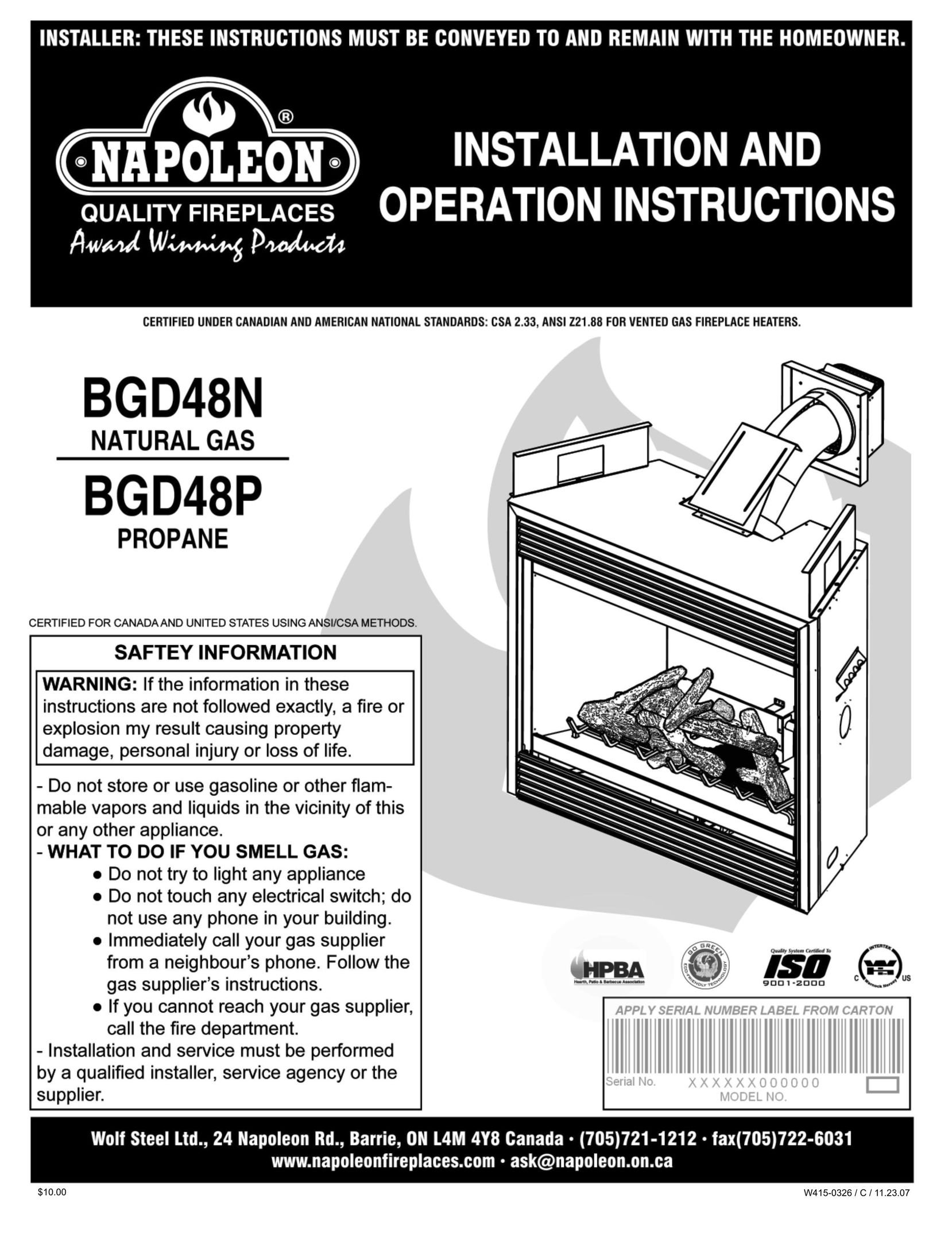 Napoleon Fireplaces BGD48P Indoor Fireplace User Manual