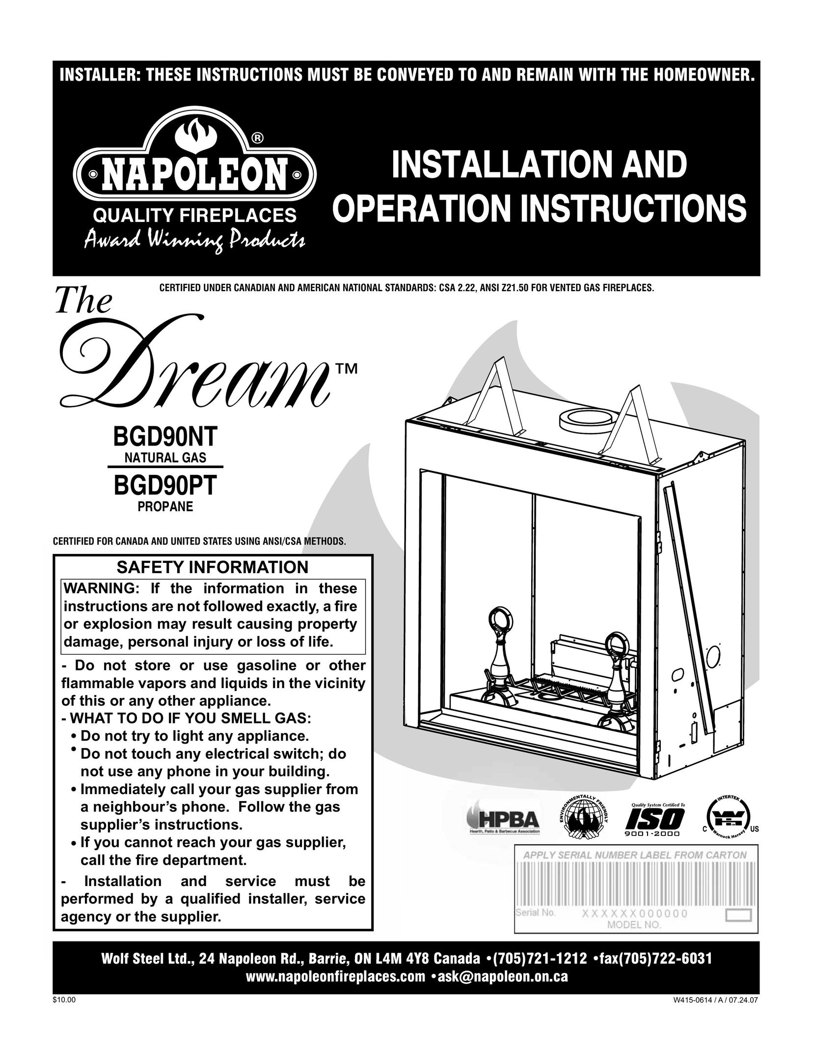 Napoleon Fireplaces BGD90NT Indoor Fireplace User Manual