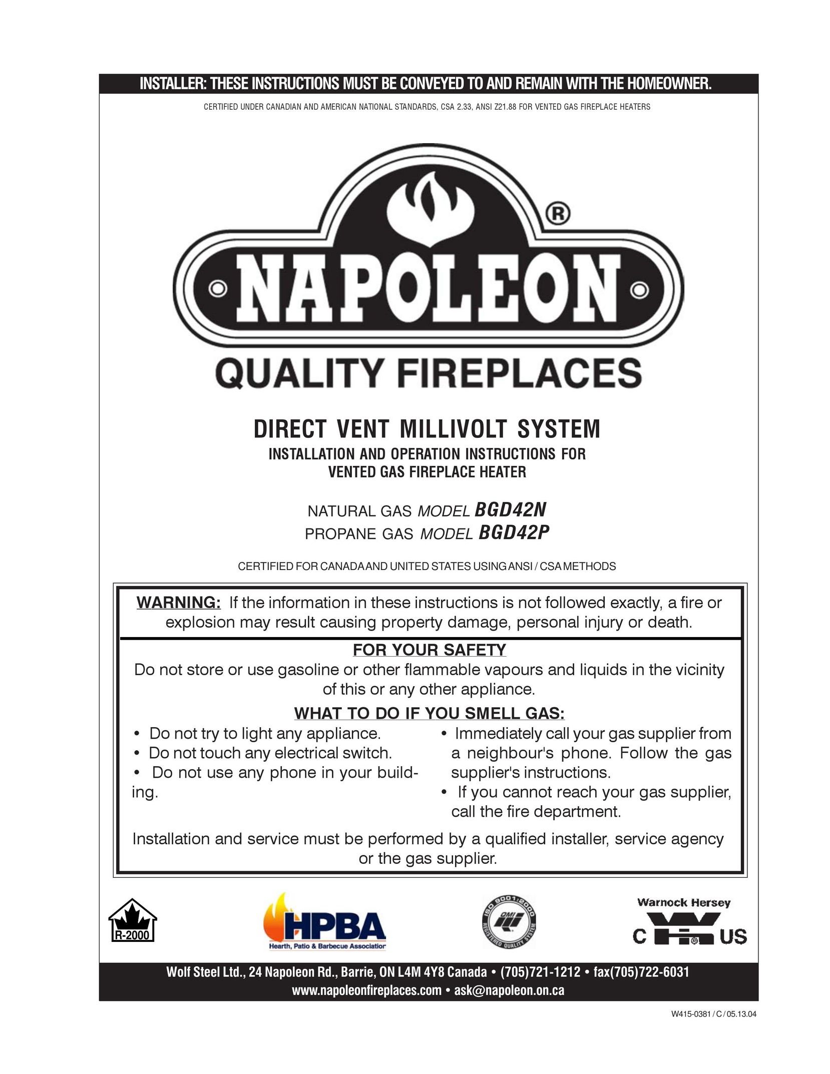 Napoleon Fireplaces BGDV42N Indoor Fireplace User Manual