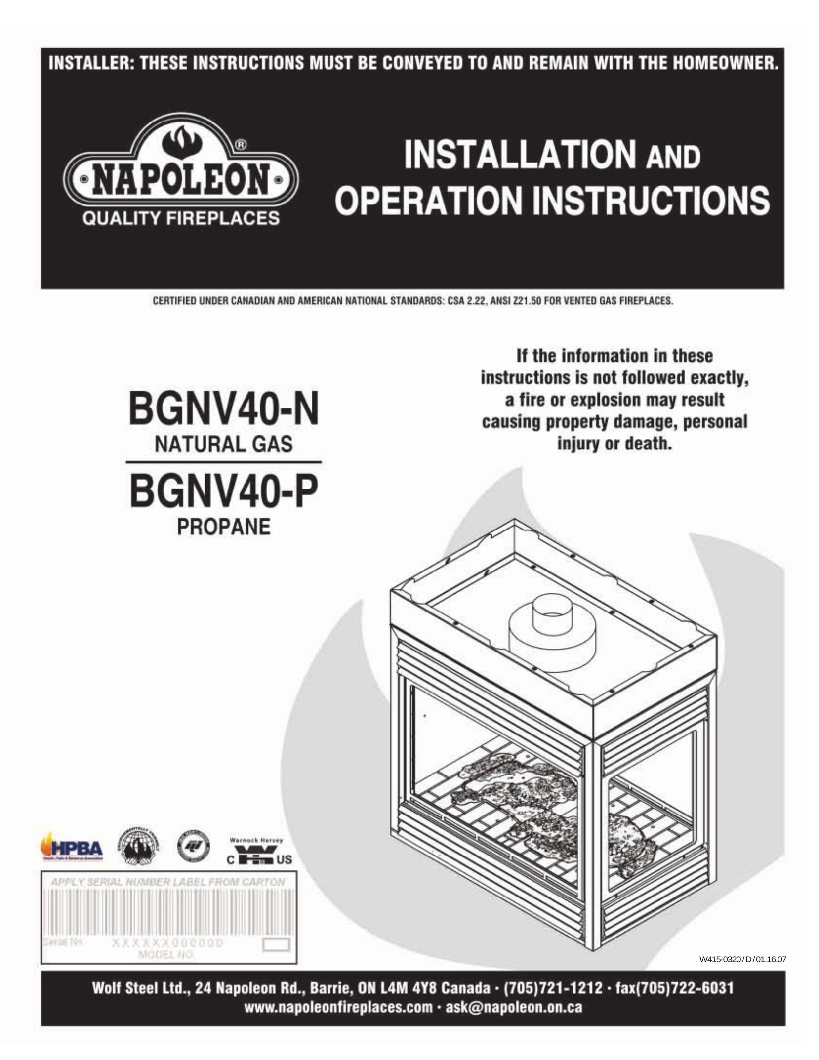 Napoleon Fireplaces BGNV40-P Indoor Fireplace User Manual