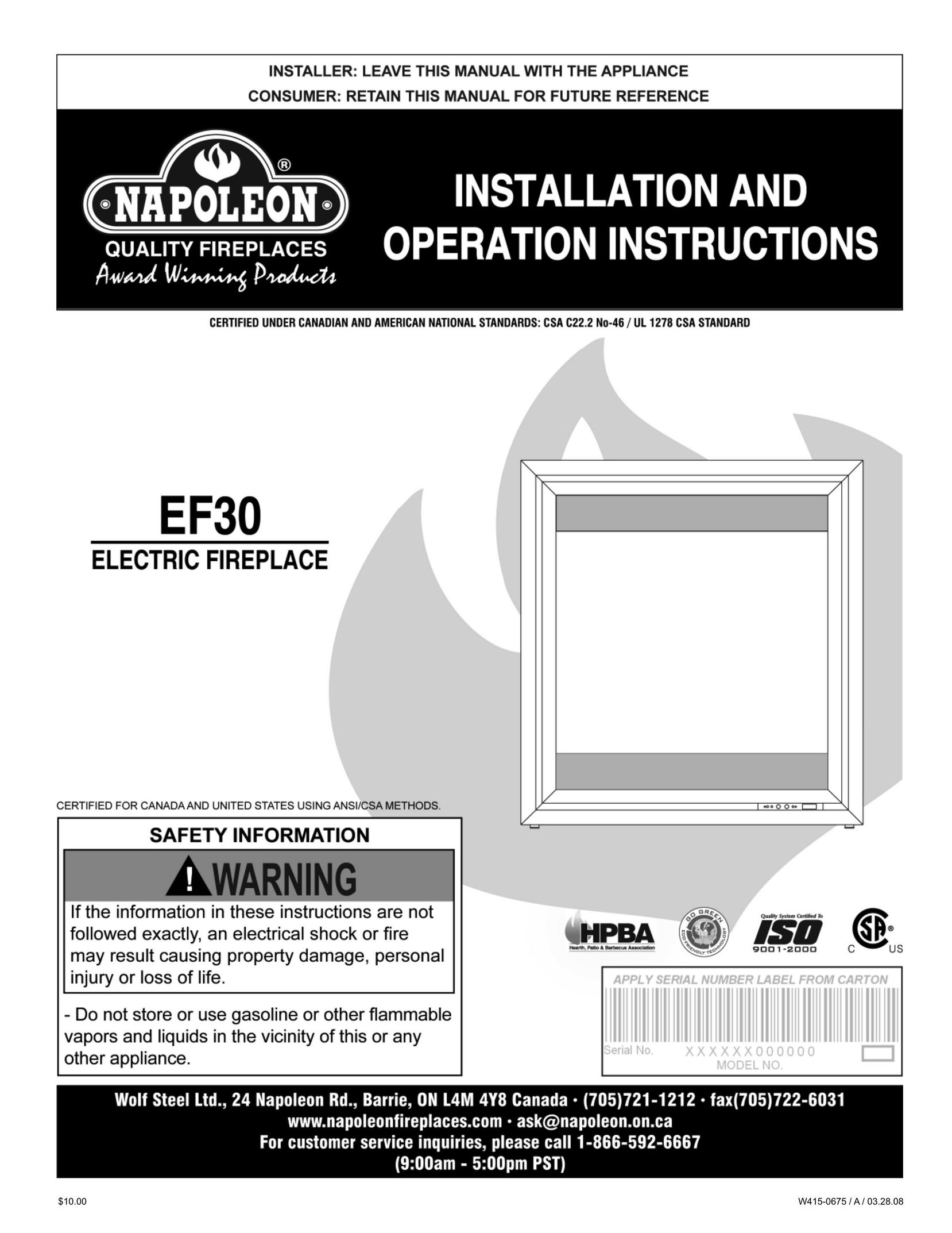 Napoleon Fireplaces EF30 Indoor Fireplace User Manual