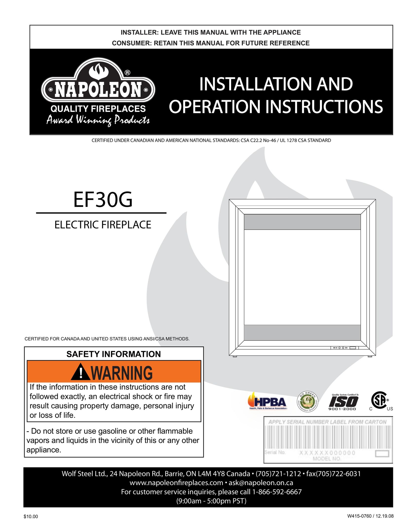 Napoleon Fireplaces EF30G Indoor Fireplace User Manual