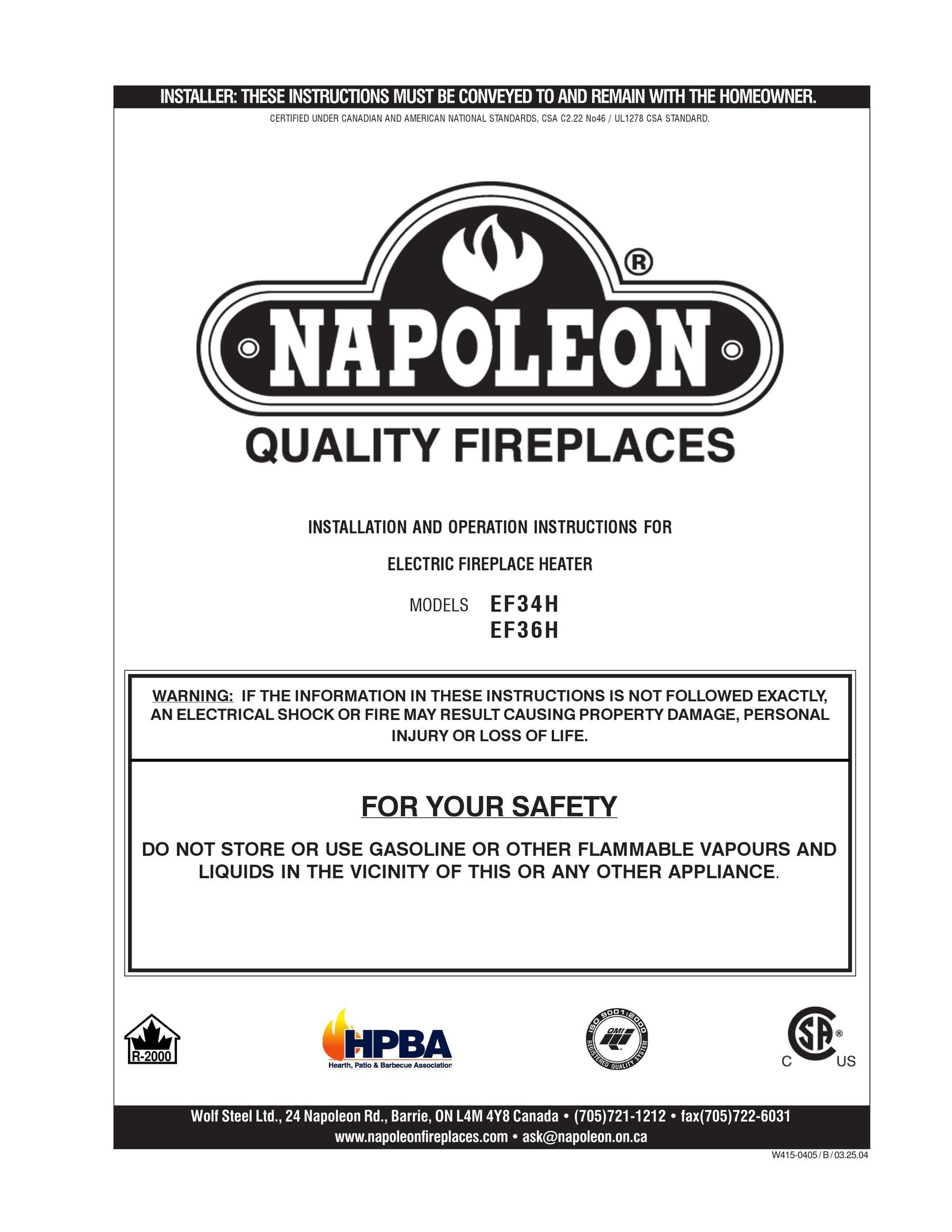 Napoleon Fireplaces EF34H Indoor Fireplace User Manual