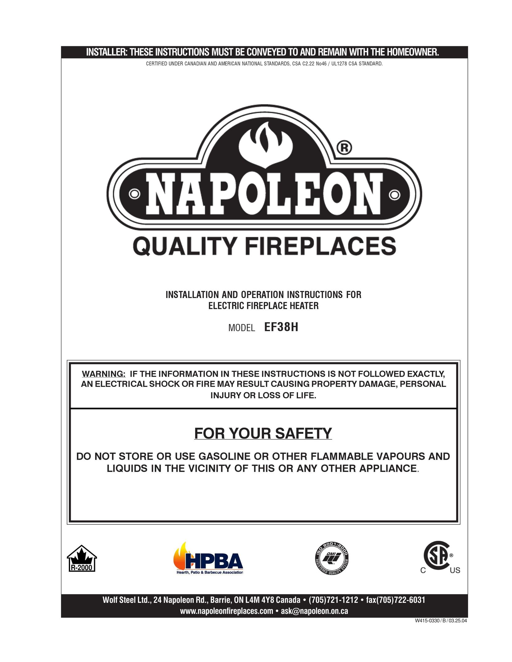 Napoleon Fireplaces EF38H Indoor Fireplace User Manual
