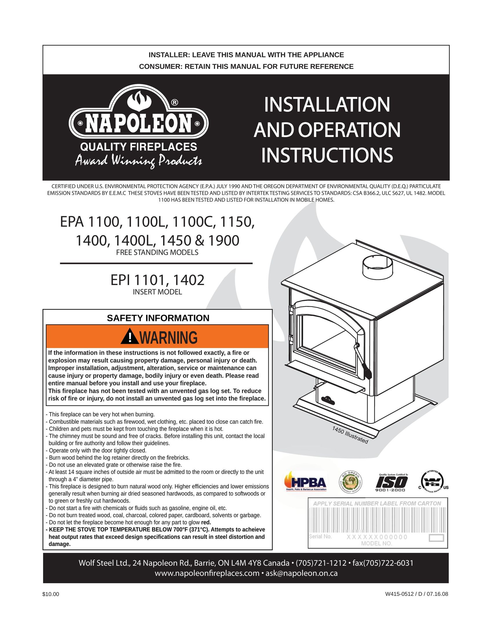 Napoleon Fireplaces EPA 1450 Indoor Fireplace User Manual