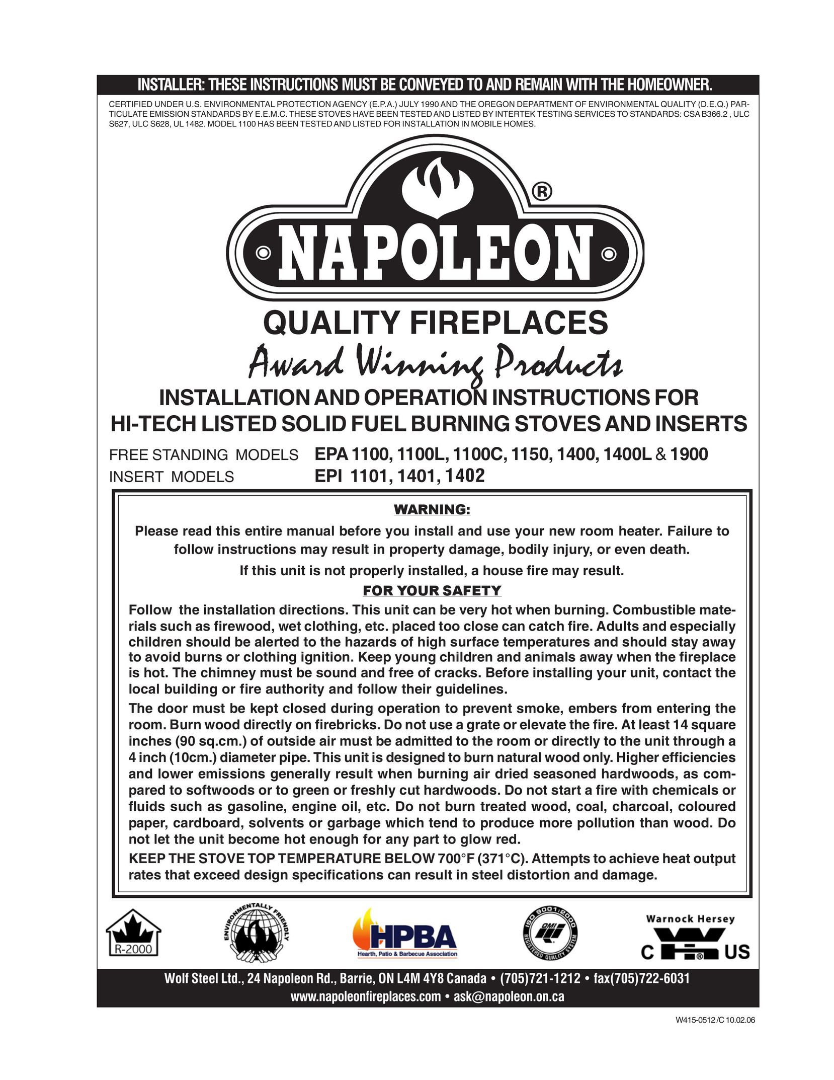 Napoleon Fireplaces EPA1100 Indoor Fireplace User Manual