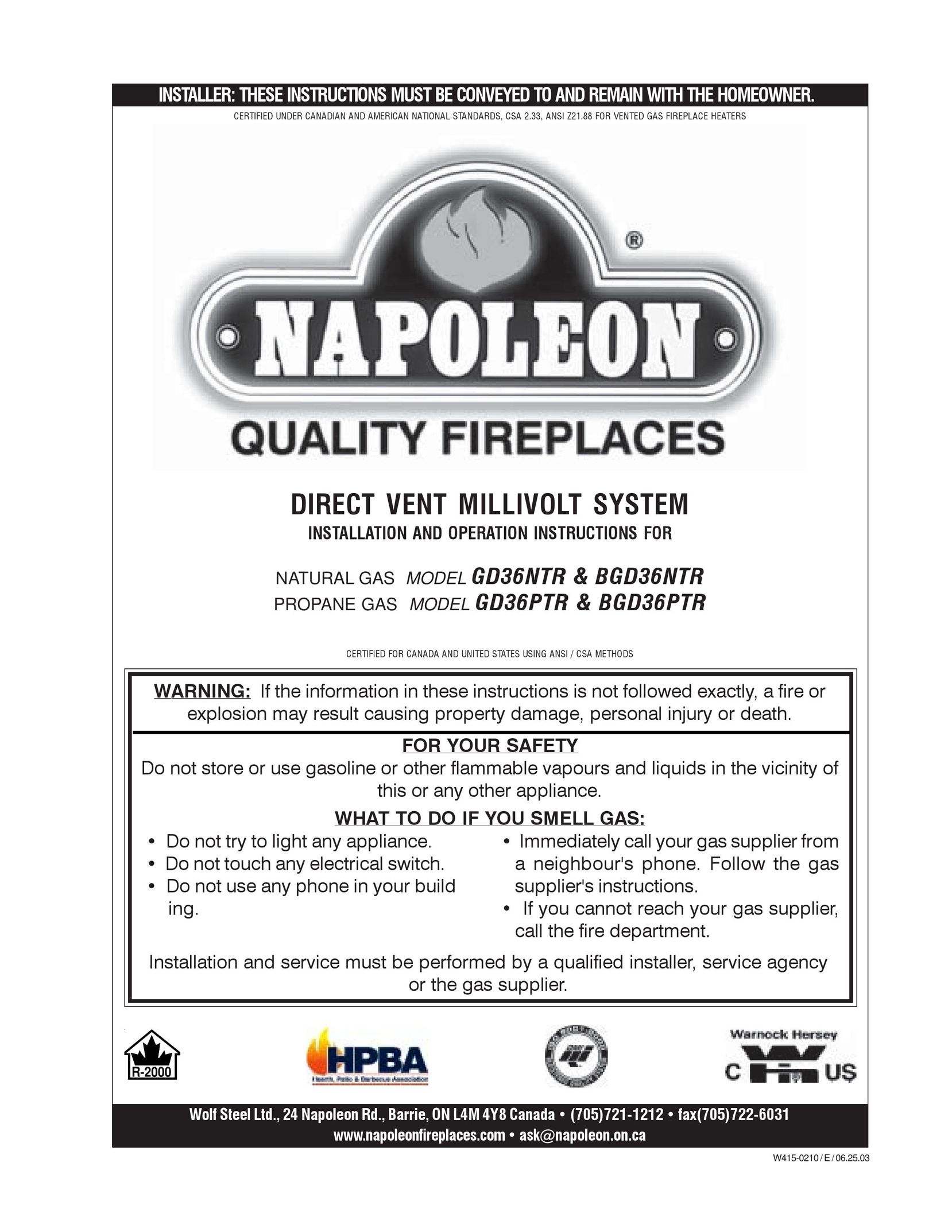 Napoleon Fireplaces GD36PTR Indoor Fireplace User Manual