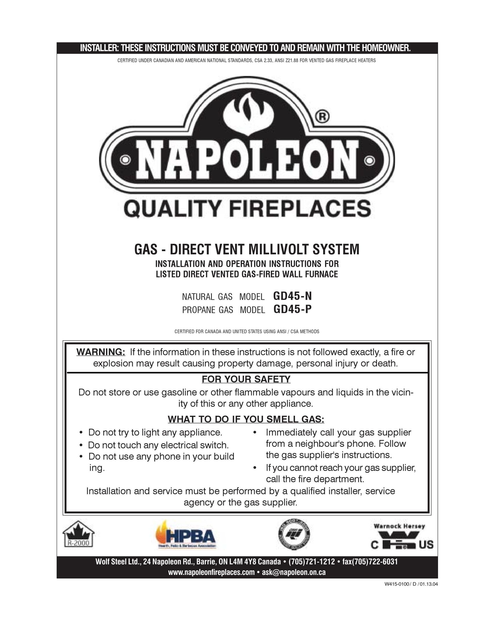 Napoleon Fireplaces GD45-P Indoor Fireplace User Manual