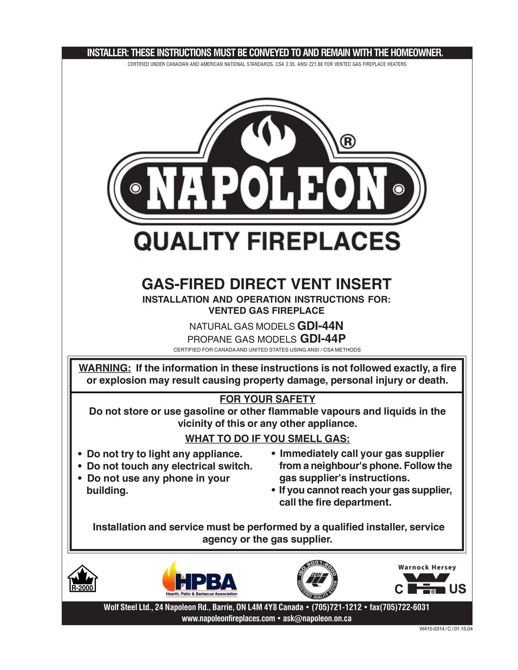 Napoleon Grills GDI-44N Indoor Fireplace User Manual
