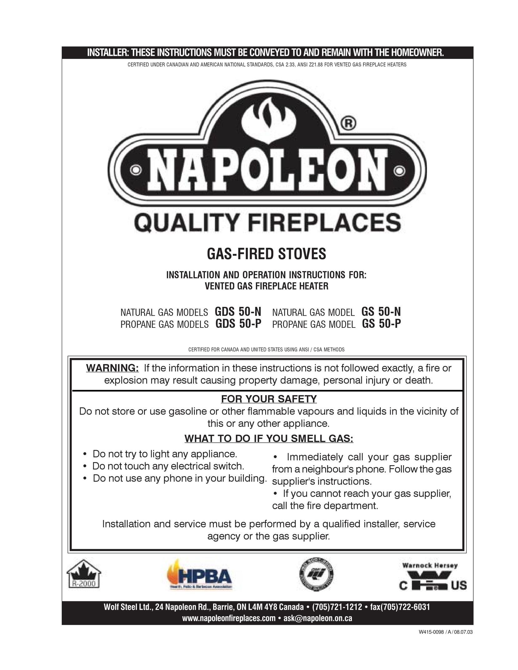 Napoleon Grills GDS 50-N Indoor Fireplace User Manual