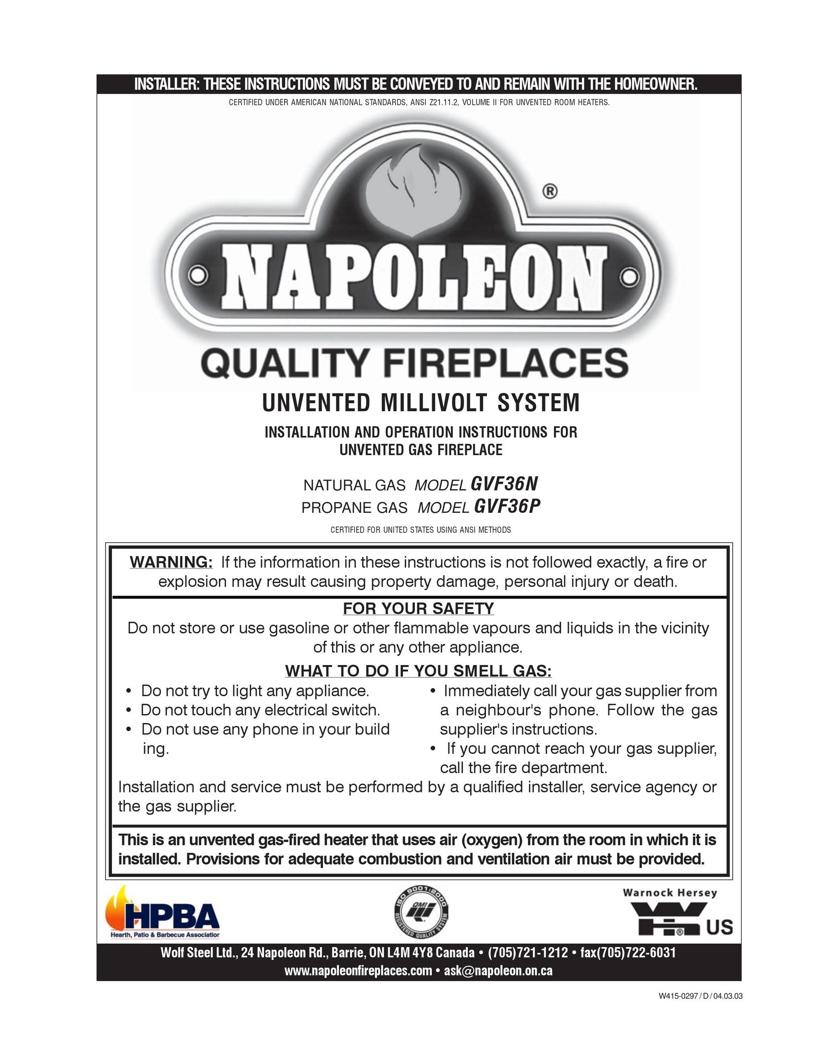 Napoleon Grills GVF36N Indoor Fireplace User Manual