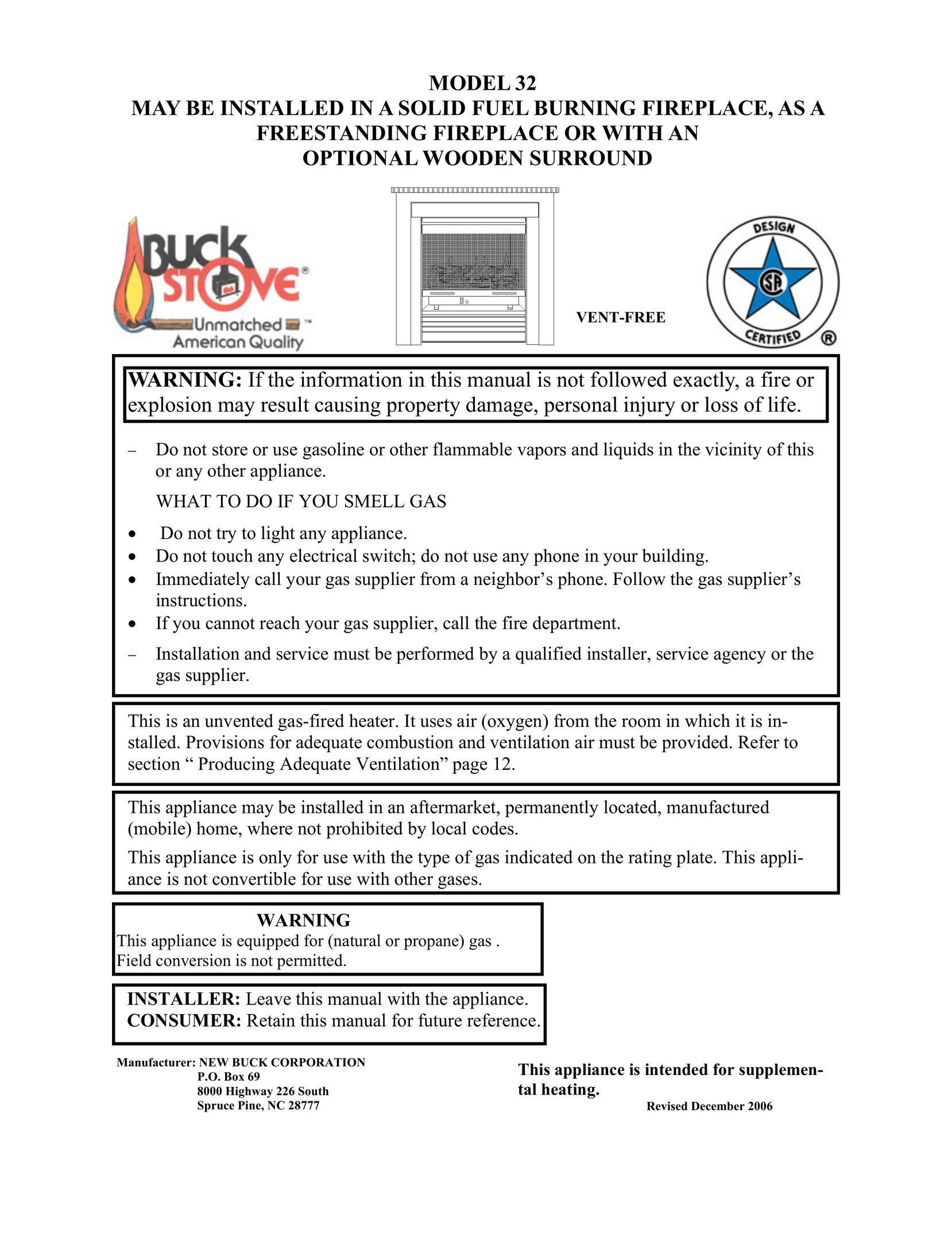 New Buck Corporation 32 Indoor Fireplace User Manual