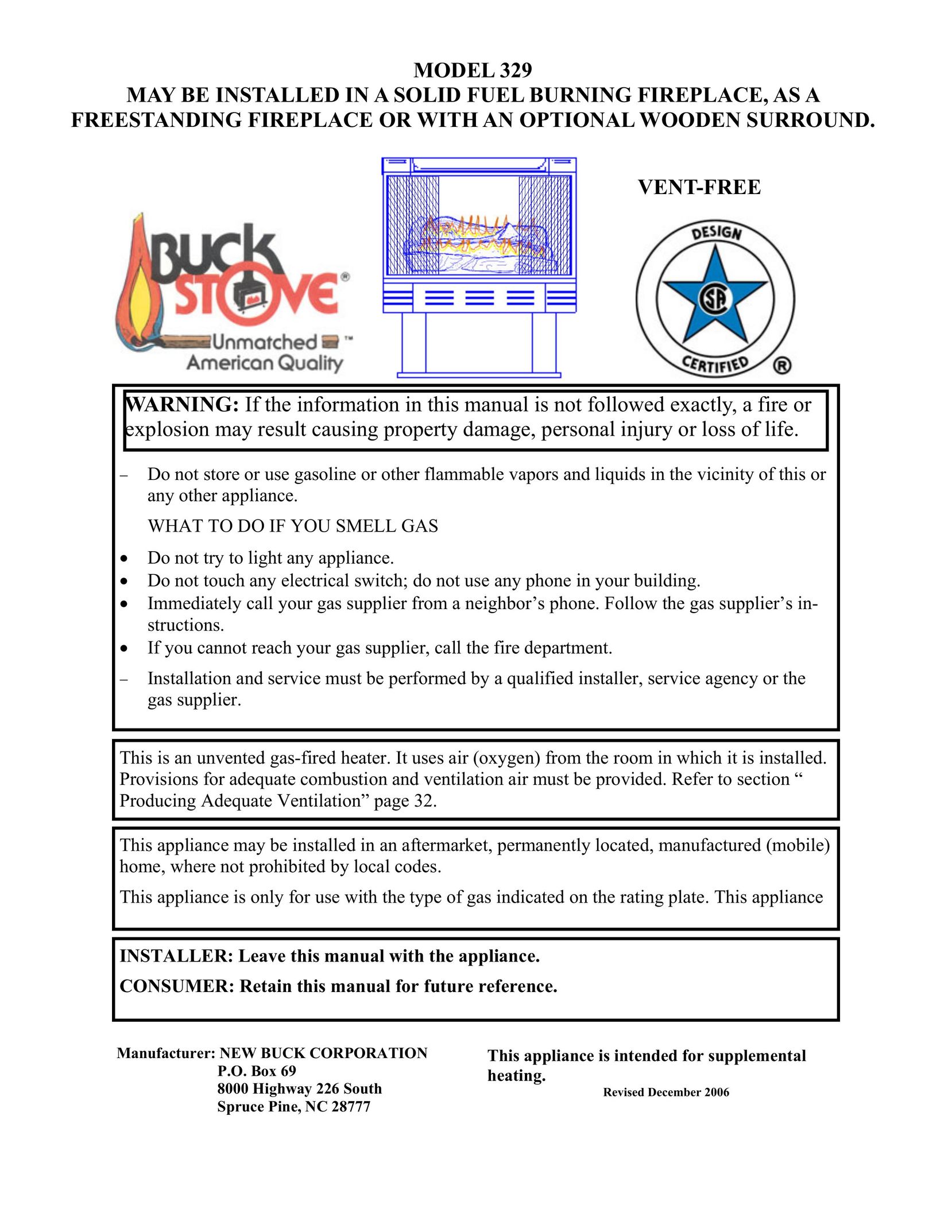 New Buck Corporation 329 Indoor Fireplace User Manual