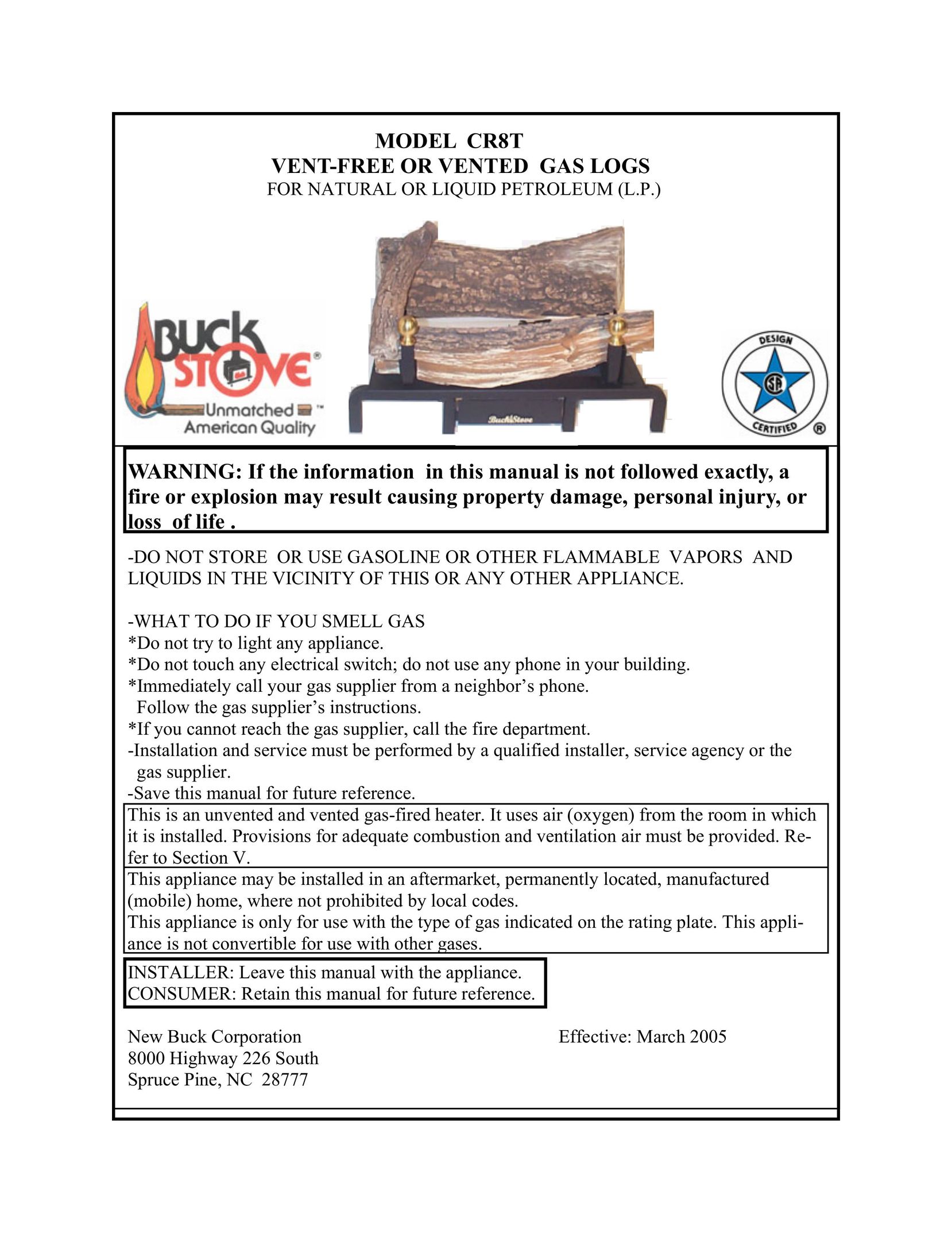New Buck Corporation CR8T Indoor Fireplace User Manual