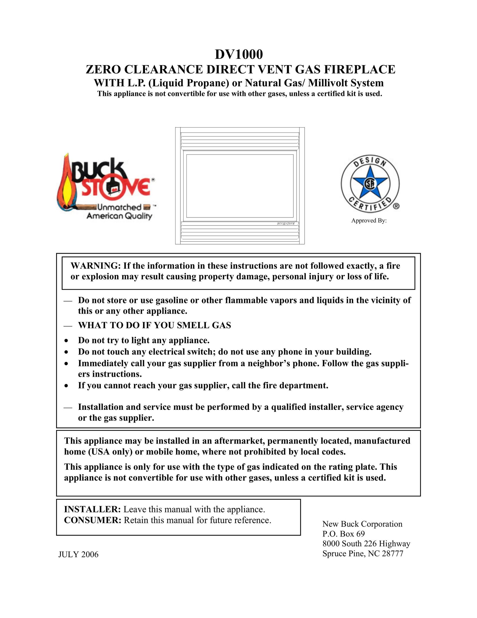 New Buck Corporation DV1000 Indoor Fireplace User Manual