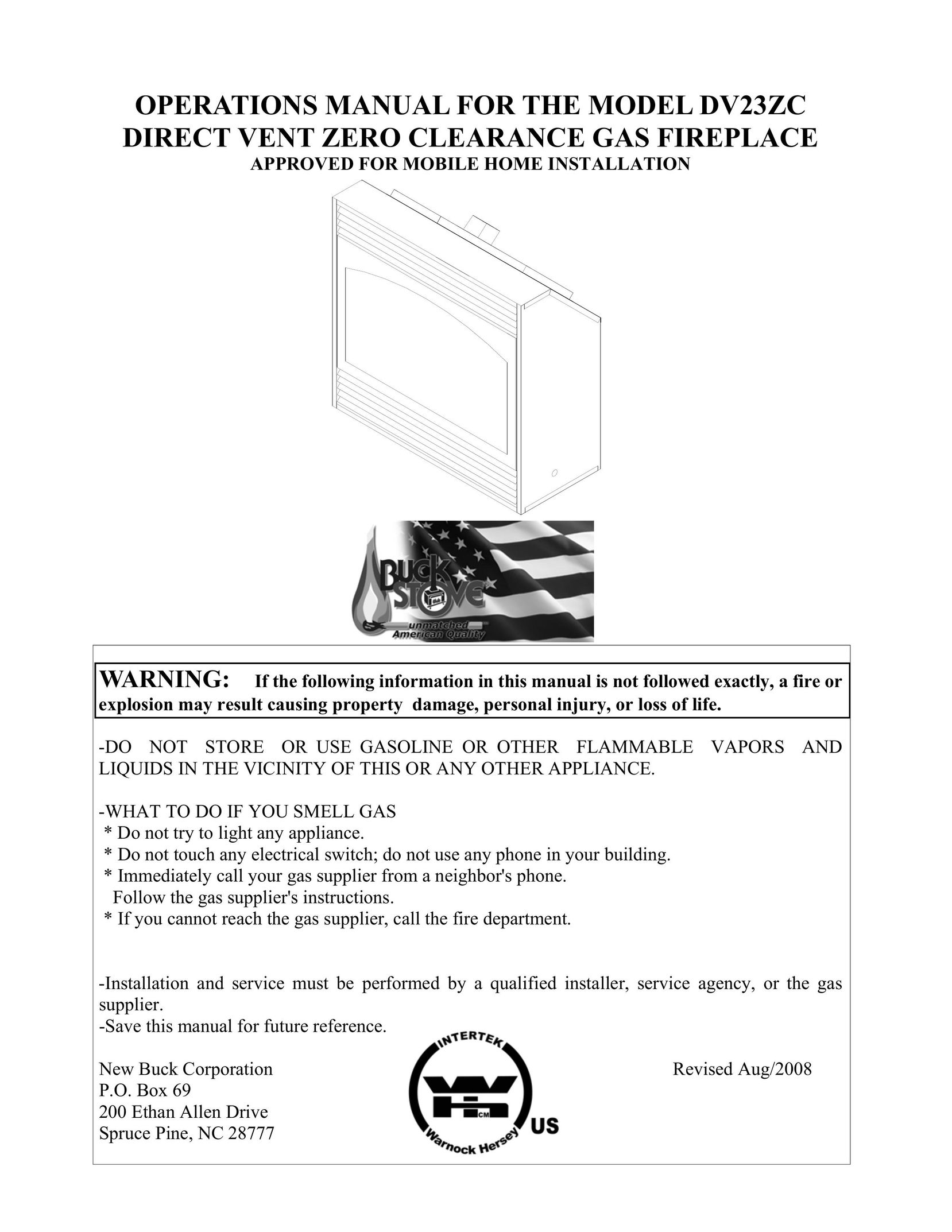 New Buck Corporation DV23ZC Indoor Fireplace User Manual