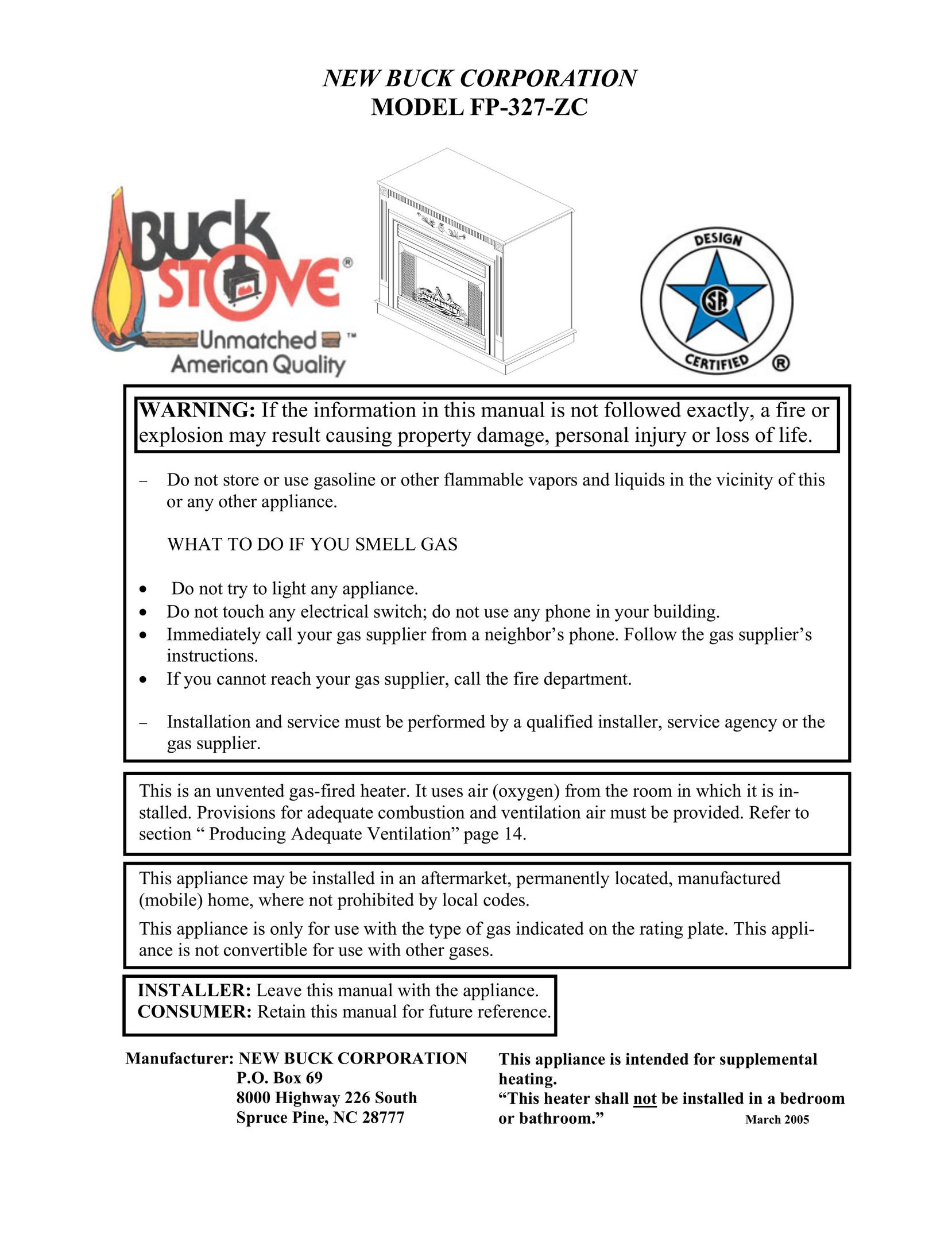 New Buck Corporation MODEL FP-327-ZC Indoor Fireplace User Manual