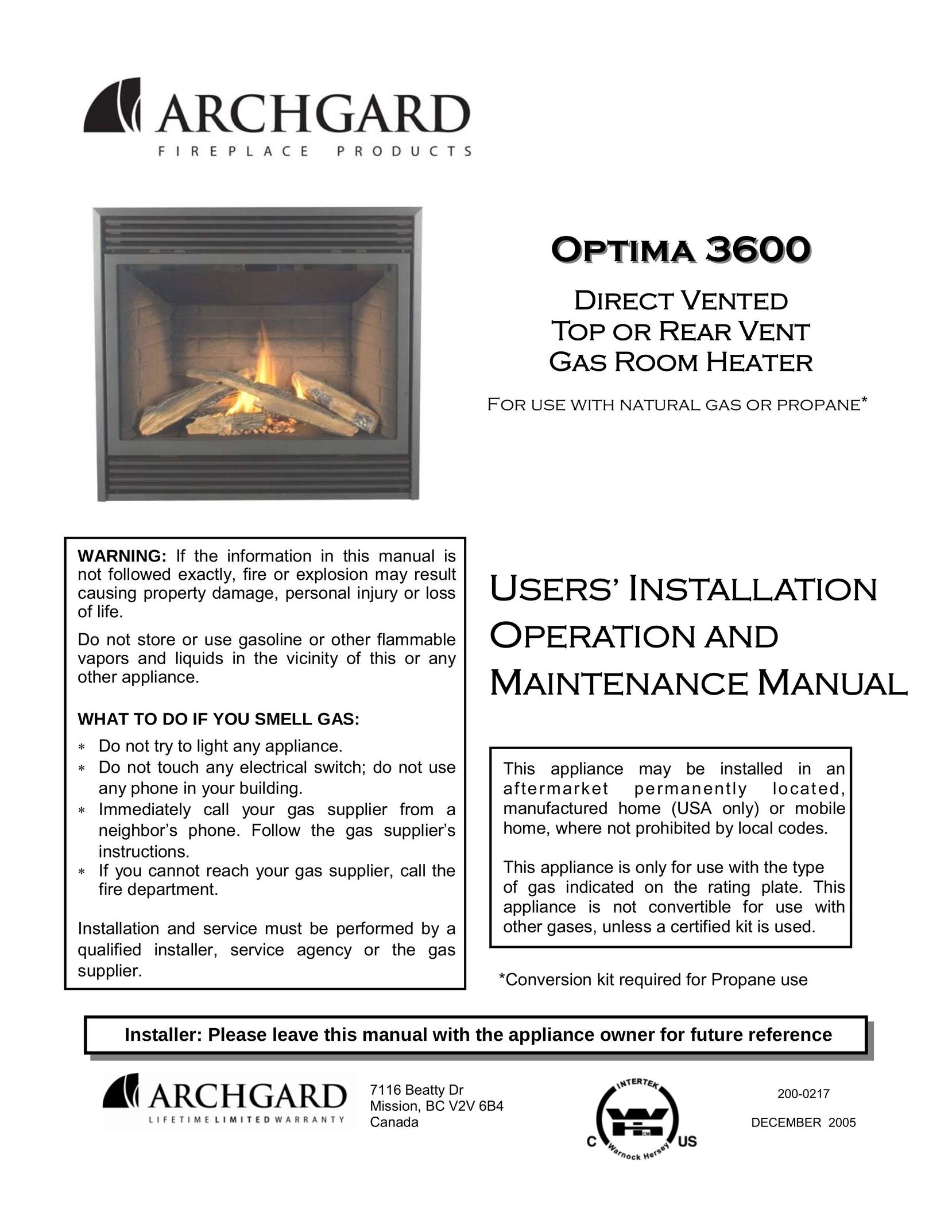 Optima Company Optima 3600O Indoor Fireplace User Manual
