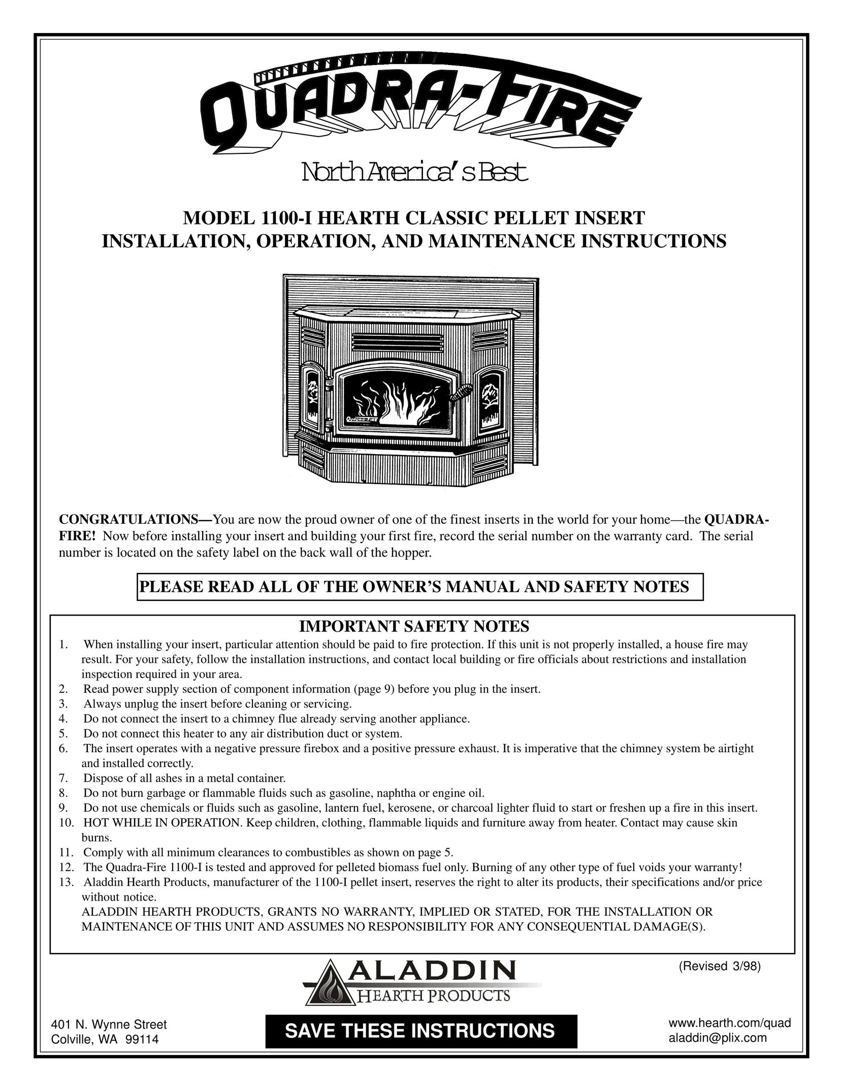 Quadra-Fire 1100-I Indoor Fireplace User Manual