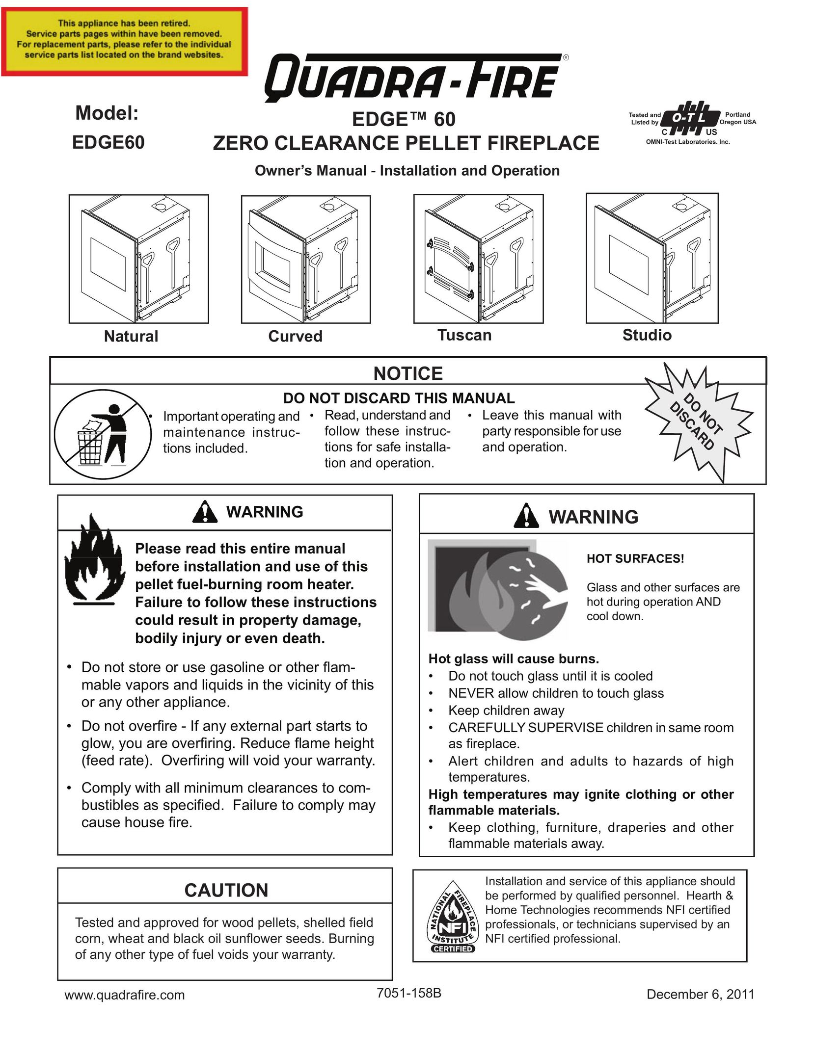 Quadra-Fire 7051-158B Indoor Fireplace User Manual