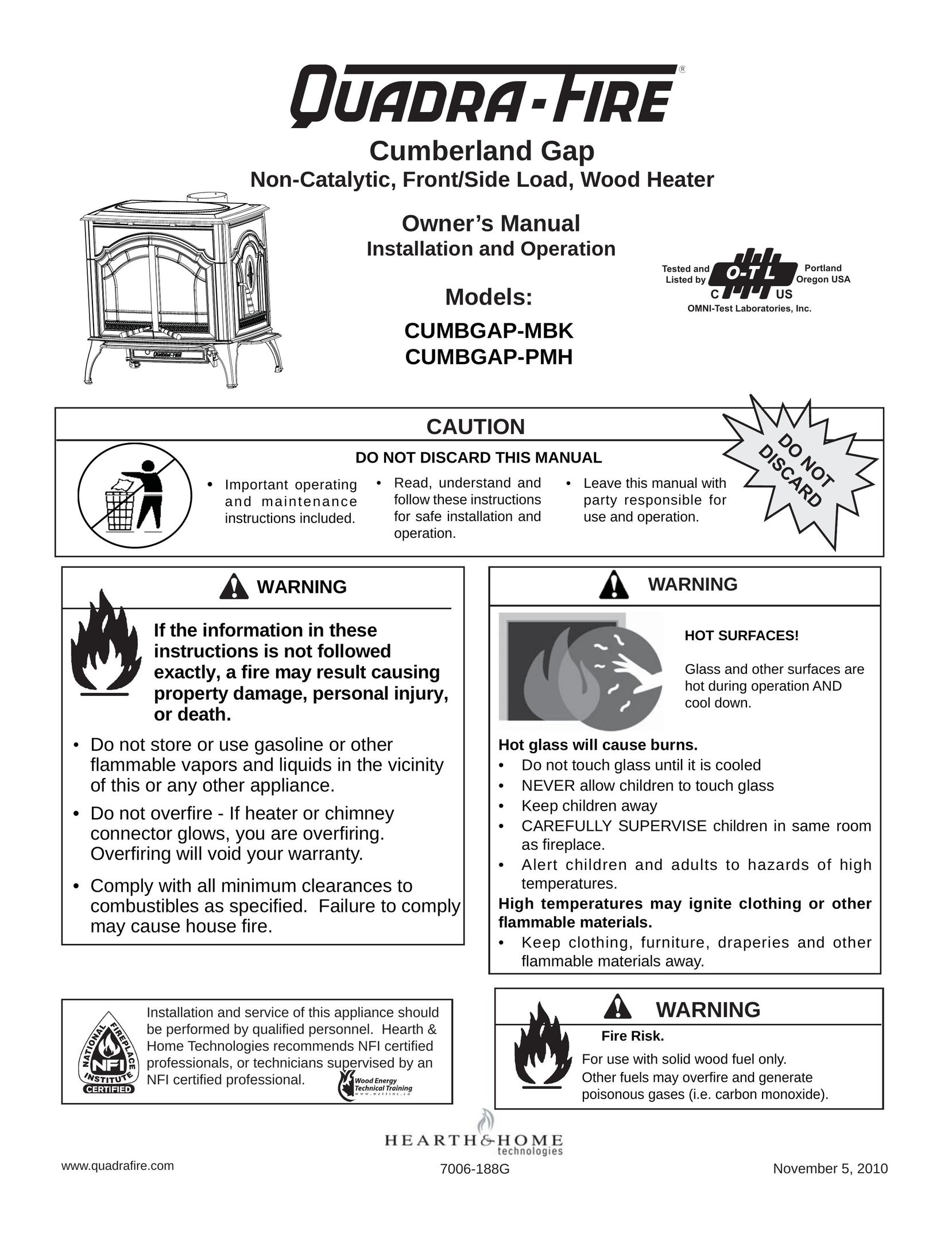 Quadra-Fire CUMBGAP-MBK Indoor Fireplace User Manual