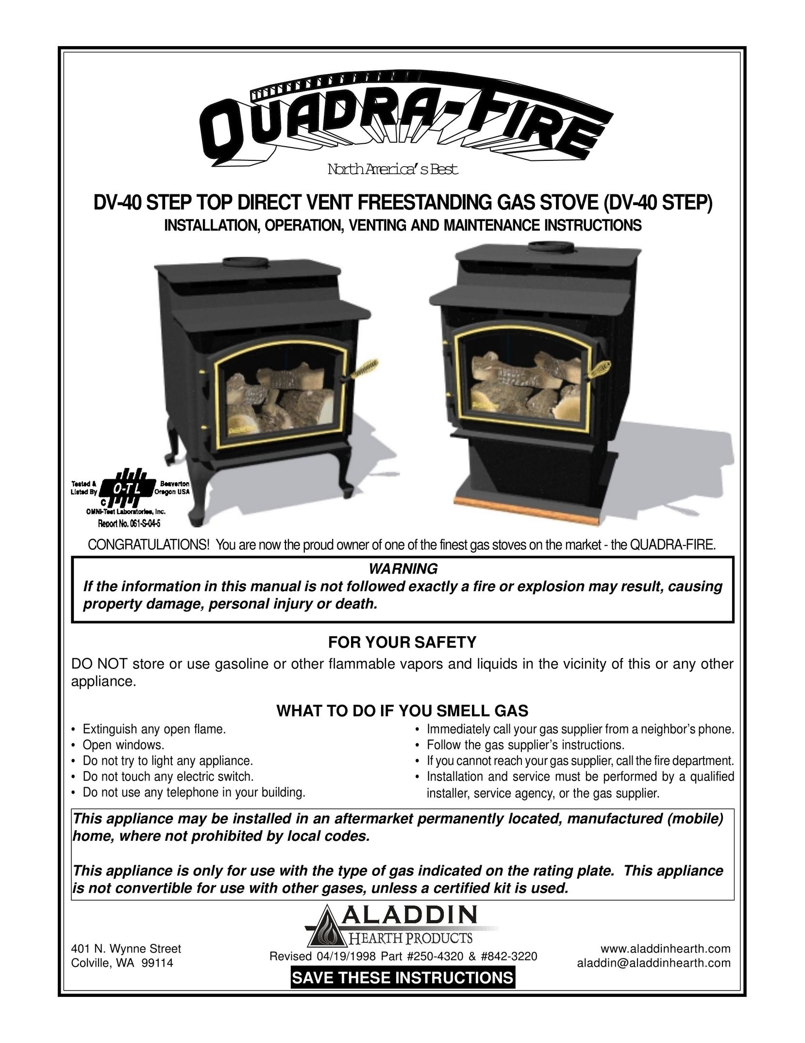 Quadra-Fire DV-40 Indoor Fireplace User Manual