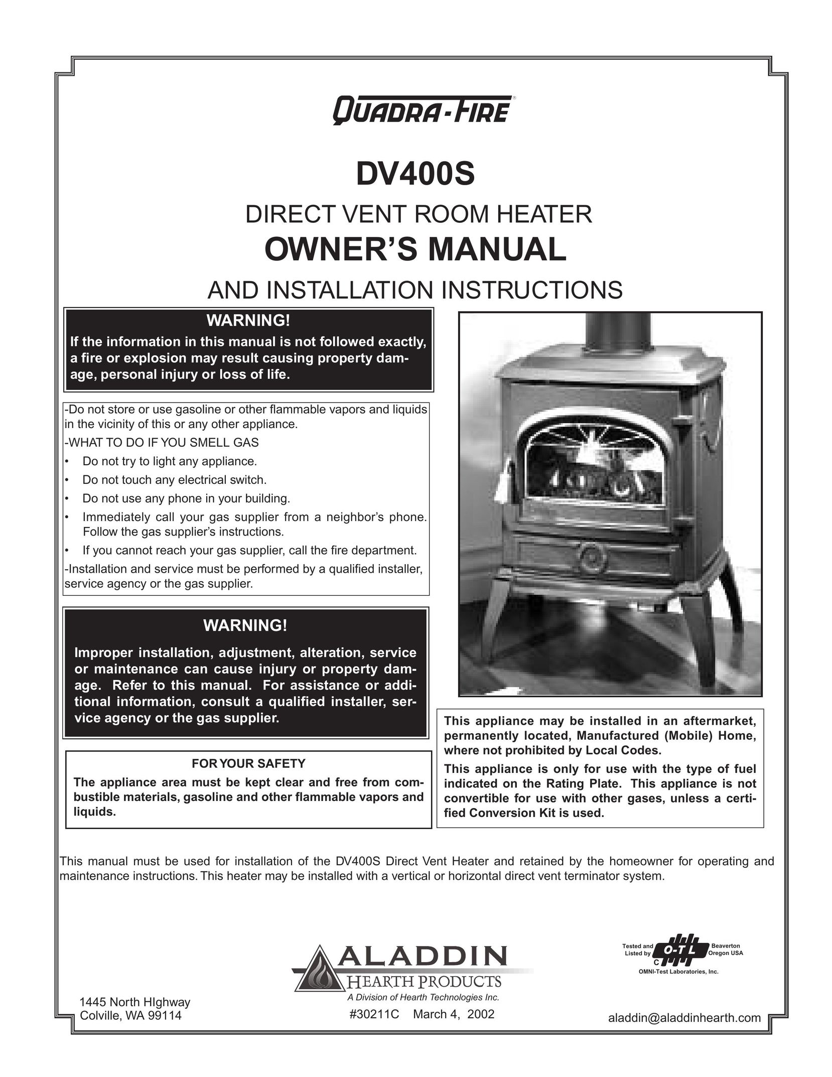 Quadra-Fire DV400S Indoor Fireplace User Manual