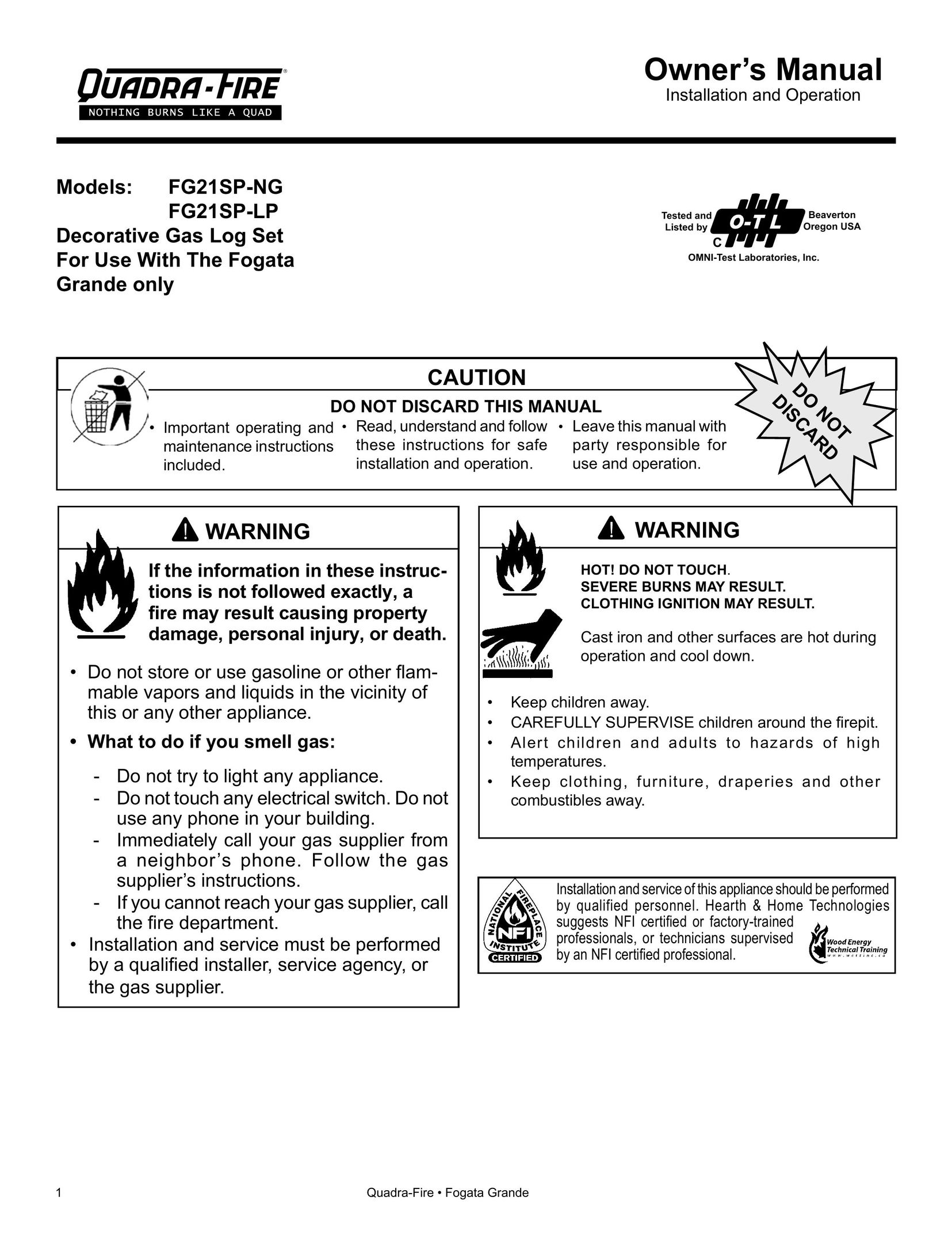 Quadra-Fire FG21SP-LP Indoor Fireplace User Manual
