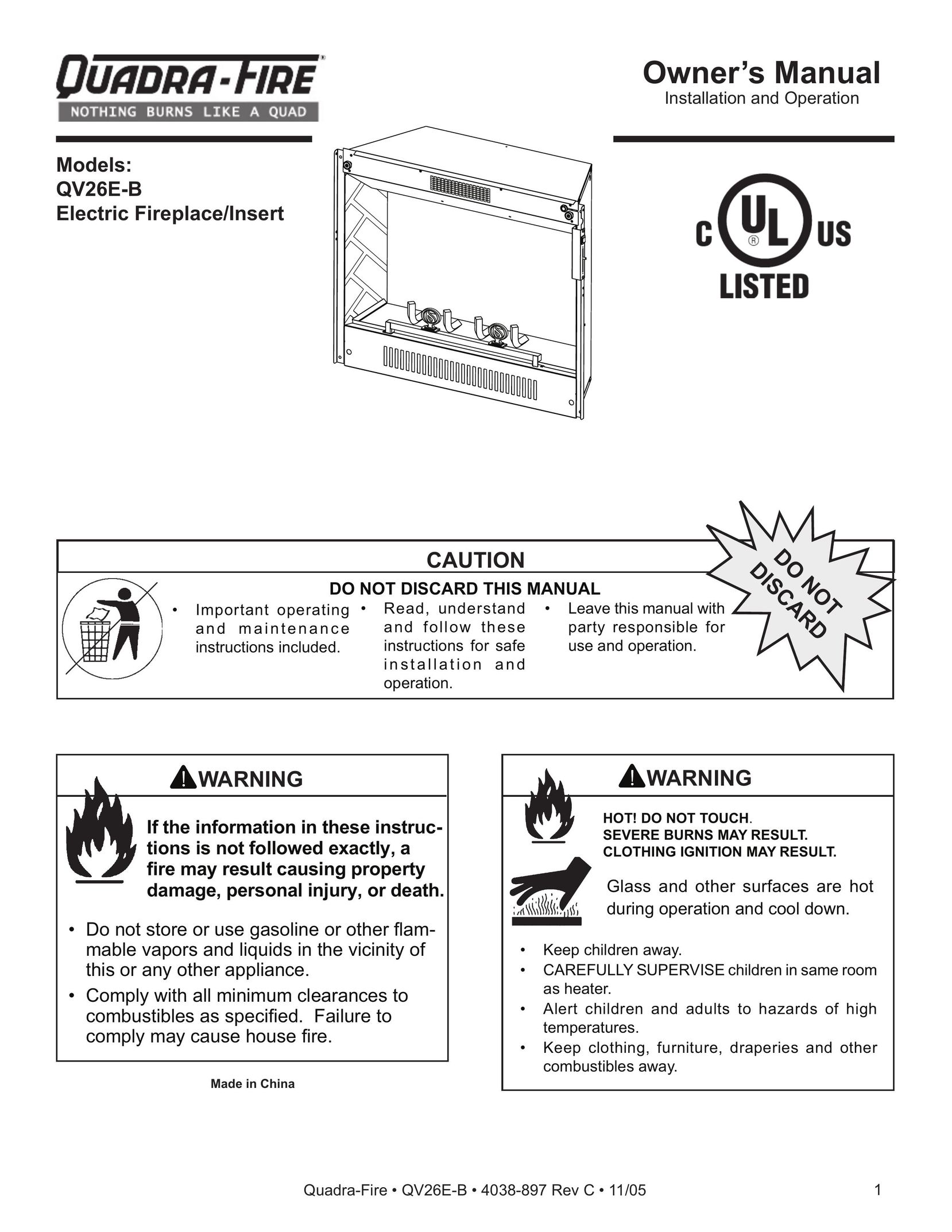 Quadra-Fire QV26E-B Indoor Fireplace User Manual