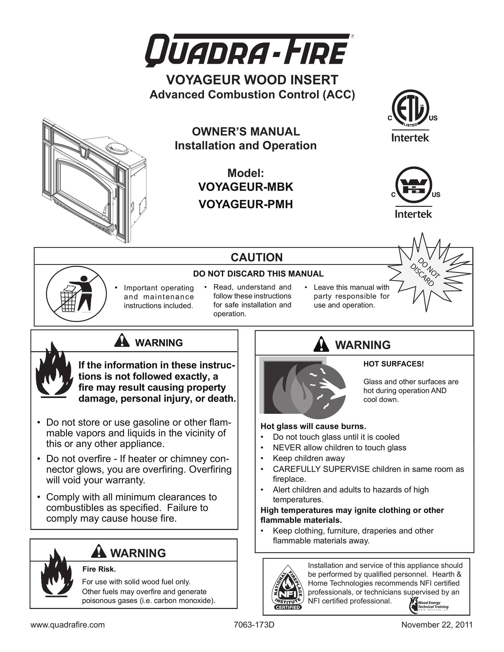 Quadra-Fire VOYAGEUR-MBK Indoor Fireplace User Manual