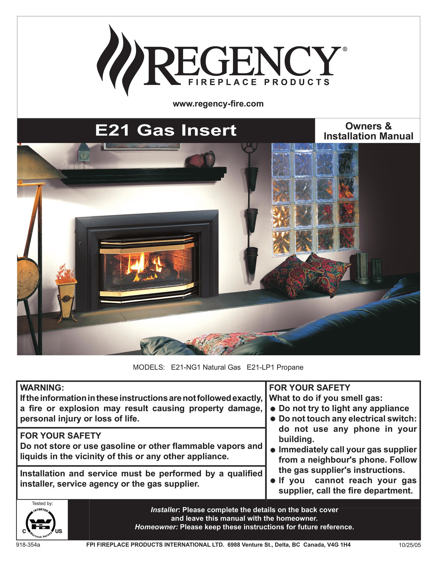 Regency E21-LP1 Indoor Fireplace User Manual