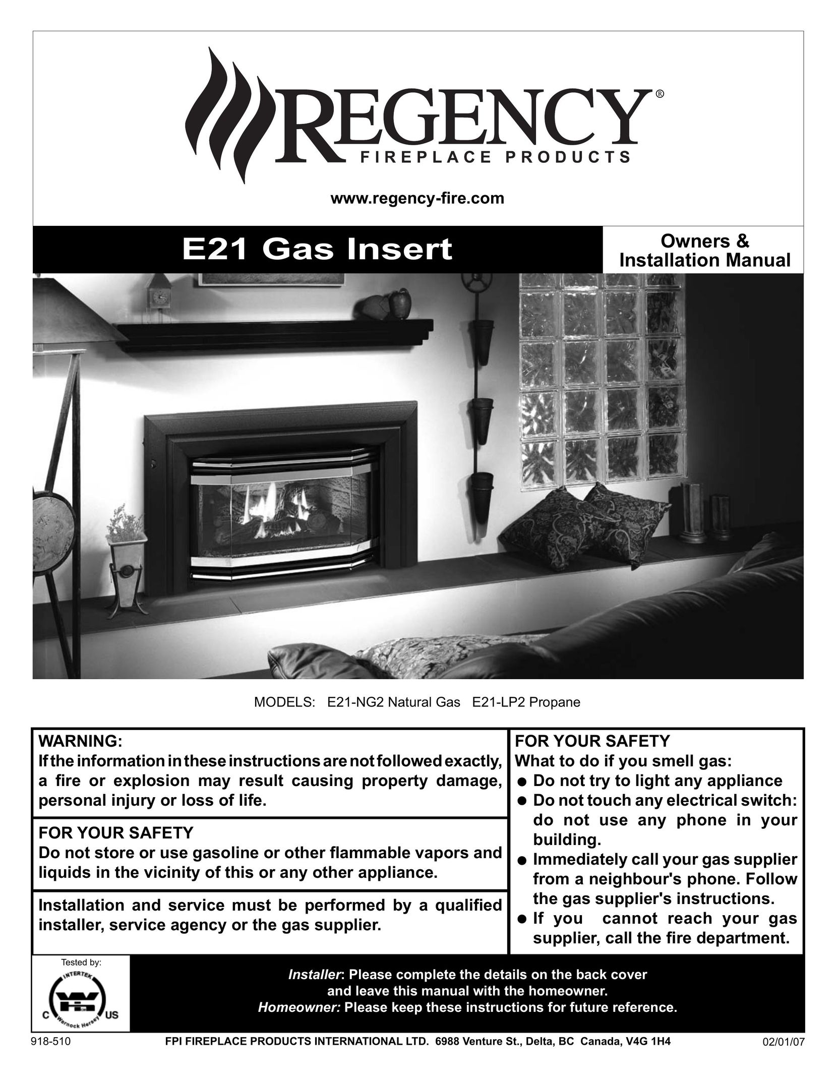 Regency E21-LP2 Indoor Fireplace User Manual
