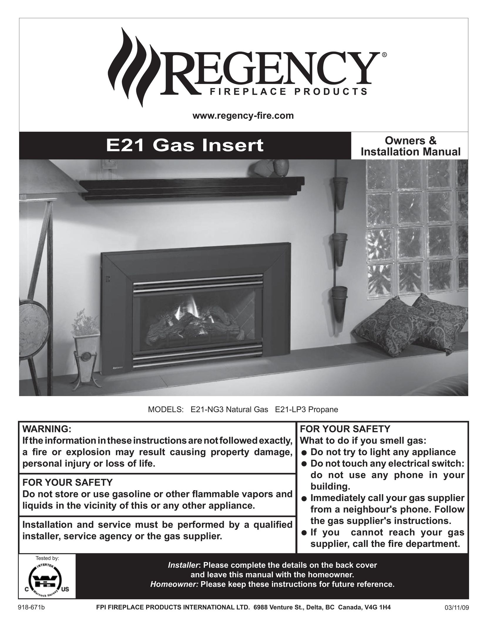 Regency E21-LP3 Indoor Fireplace User Manual