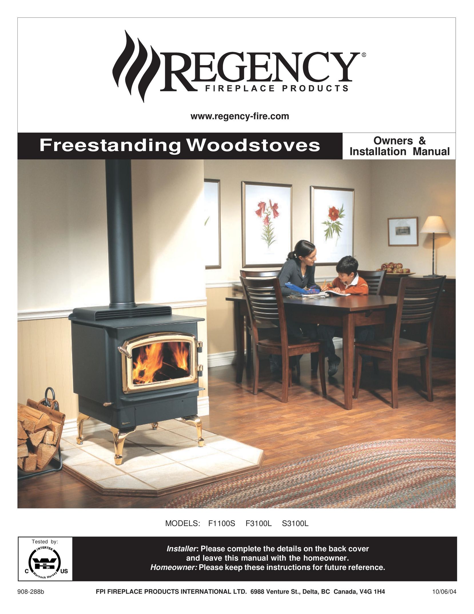 Regency F1100S Indoor Fireplace User Manual