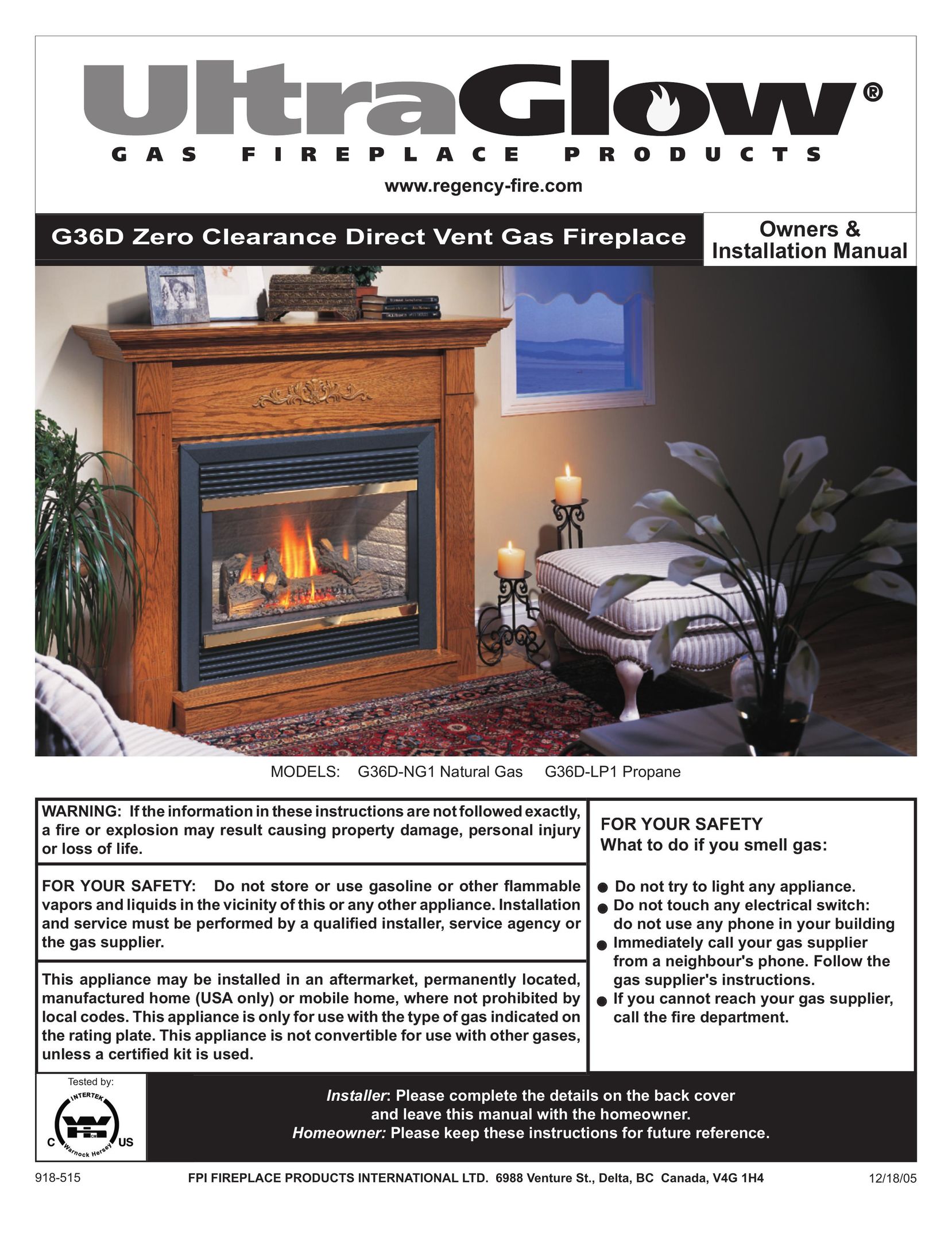 Regency G36D Indoor Fireplace User Manual