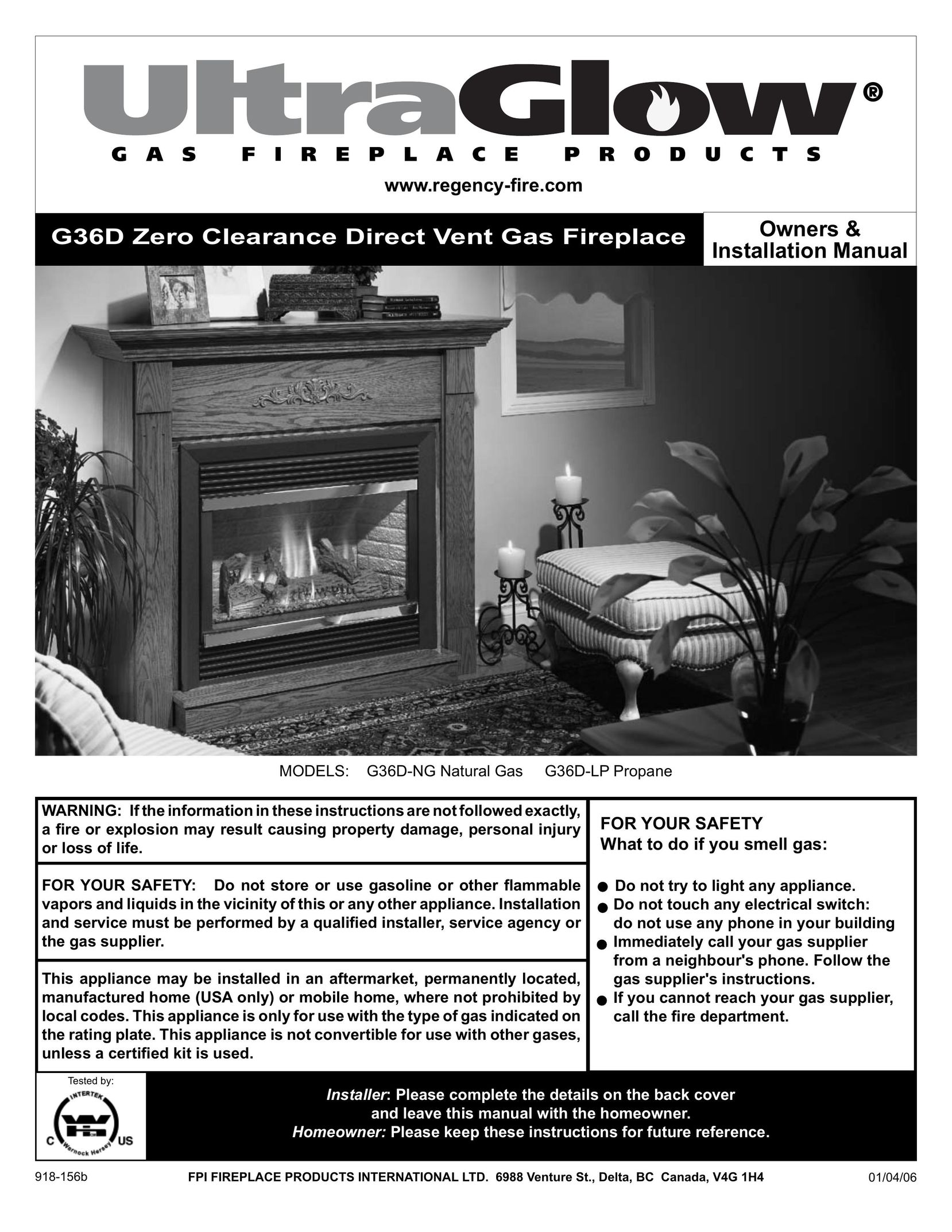 Regency G36D-LP PROPANE Indoor Fireplace User Manual