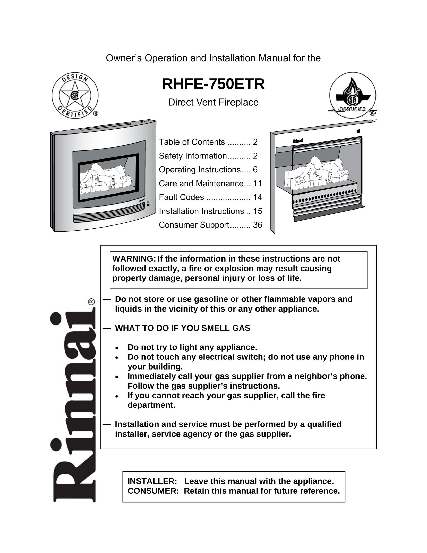 Rinnai RHFE-750ETR Indoor Fireplace User Manual