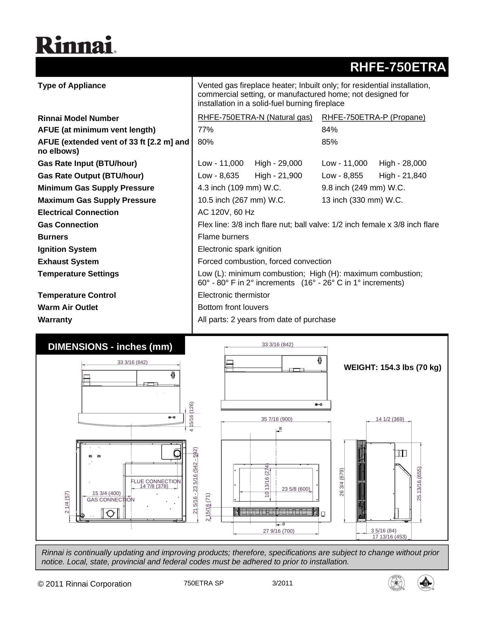Rinnai RHFE-750ETRA-N Indoor Fireplace User Manual
