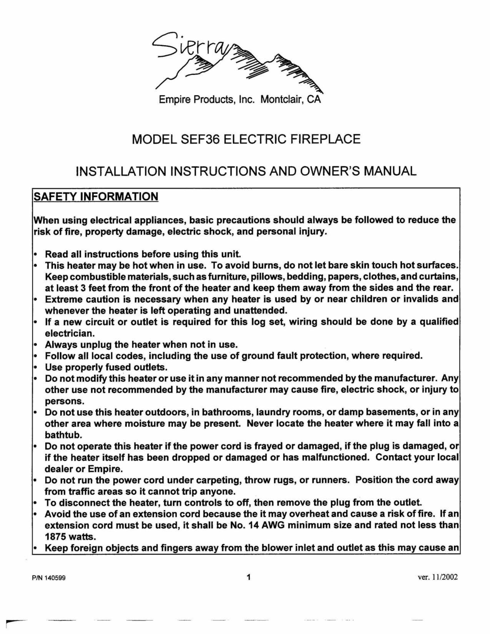 Sierra Products SEF36 Indoor Fireplace User Manual