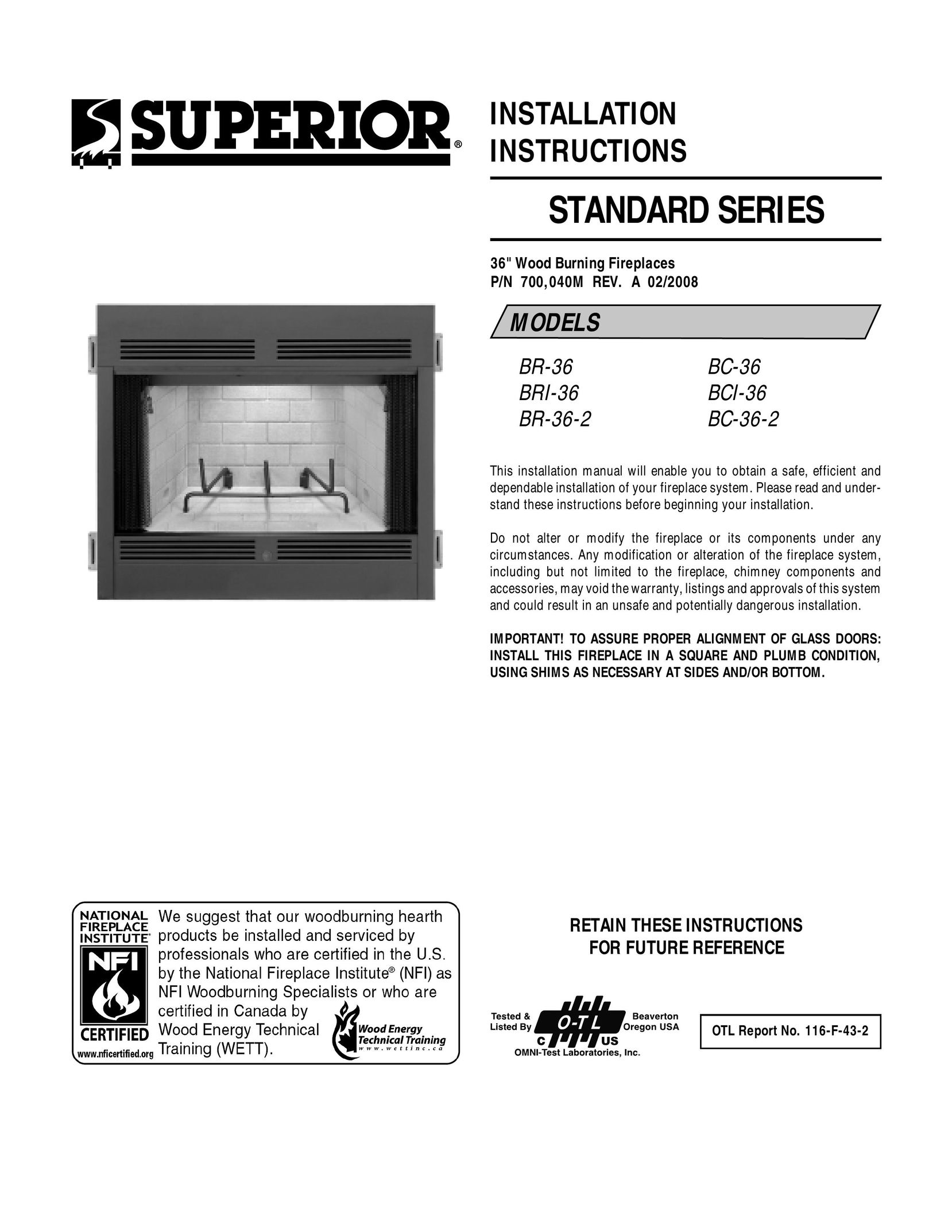 Superior BCI-36 Indoor Fireplace User Manual
