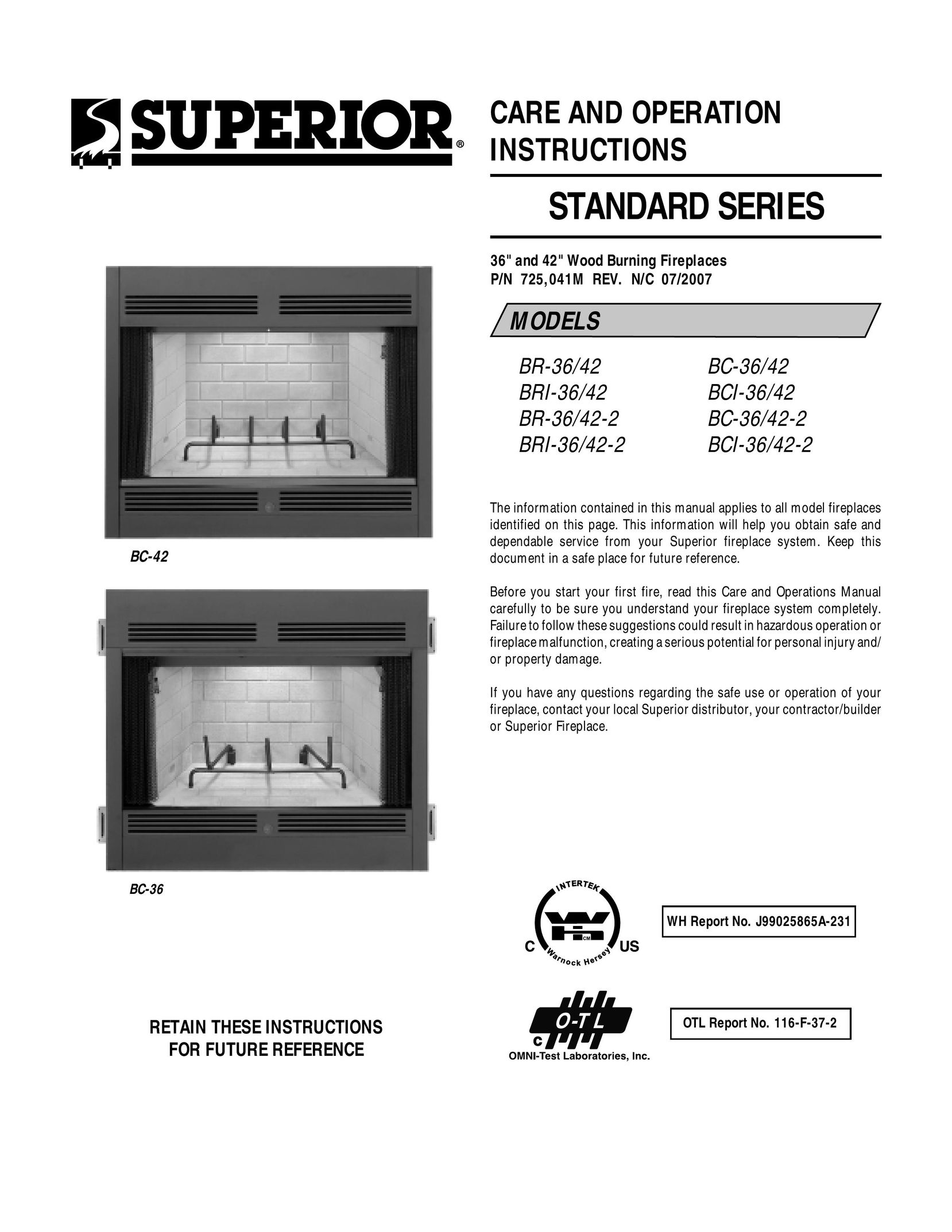 Superior BCI-36/42 Indoor Fireplace User Manual