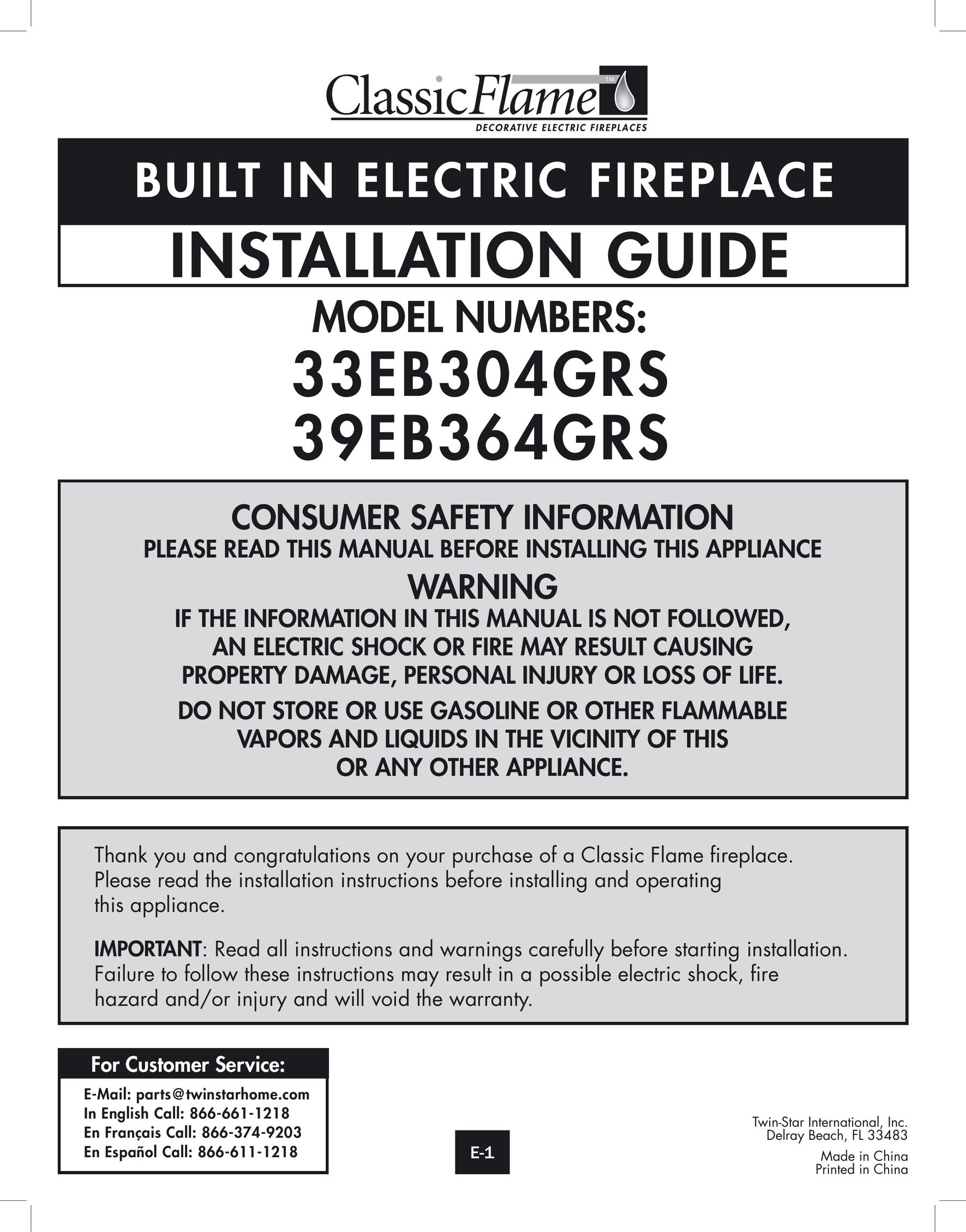Twin-Star International 39EB364GRS Indoor Fireplace User Manual