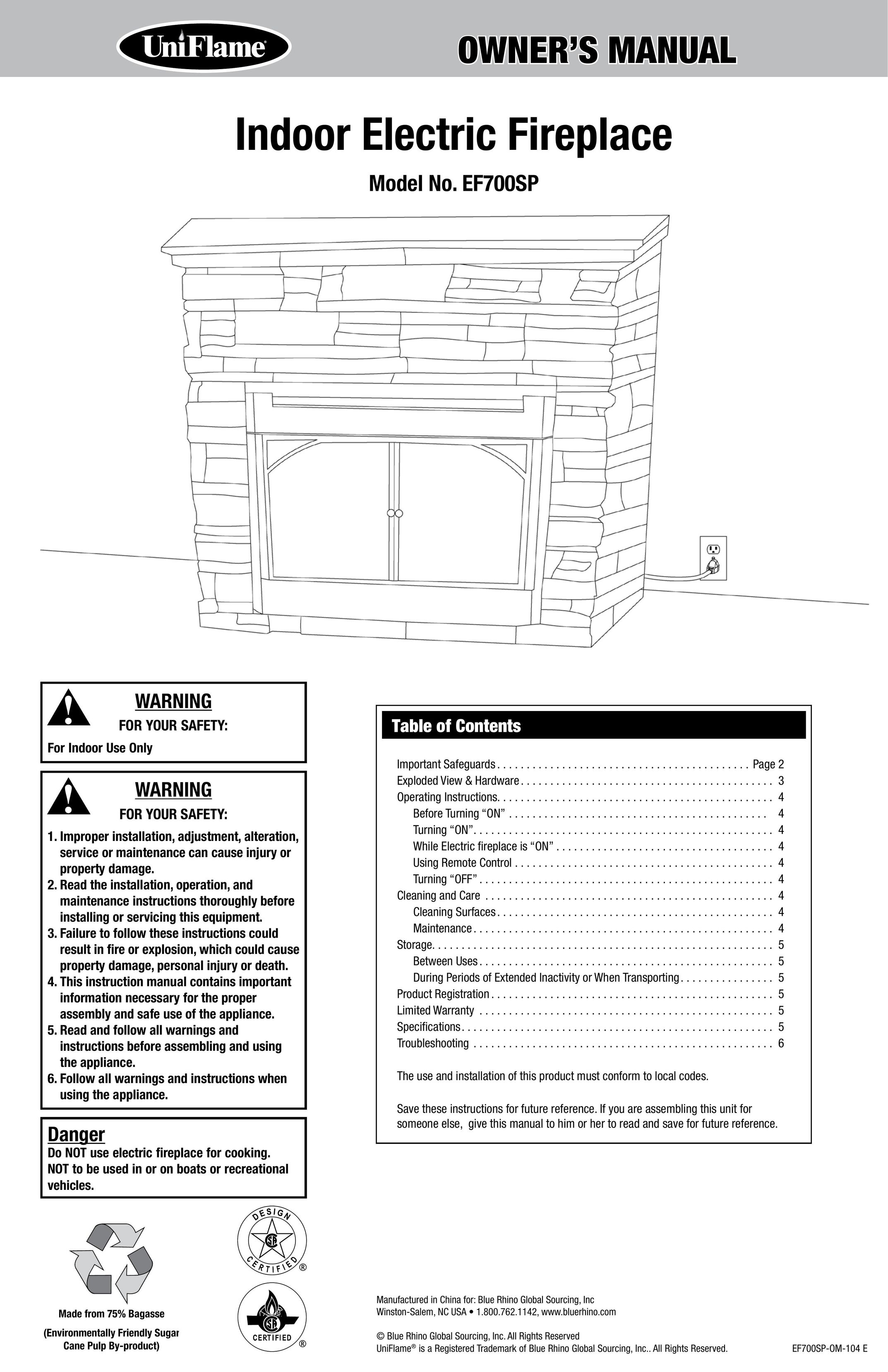 Uniflame EF700SP Indoor Fireplace User Manual