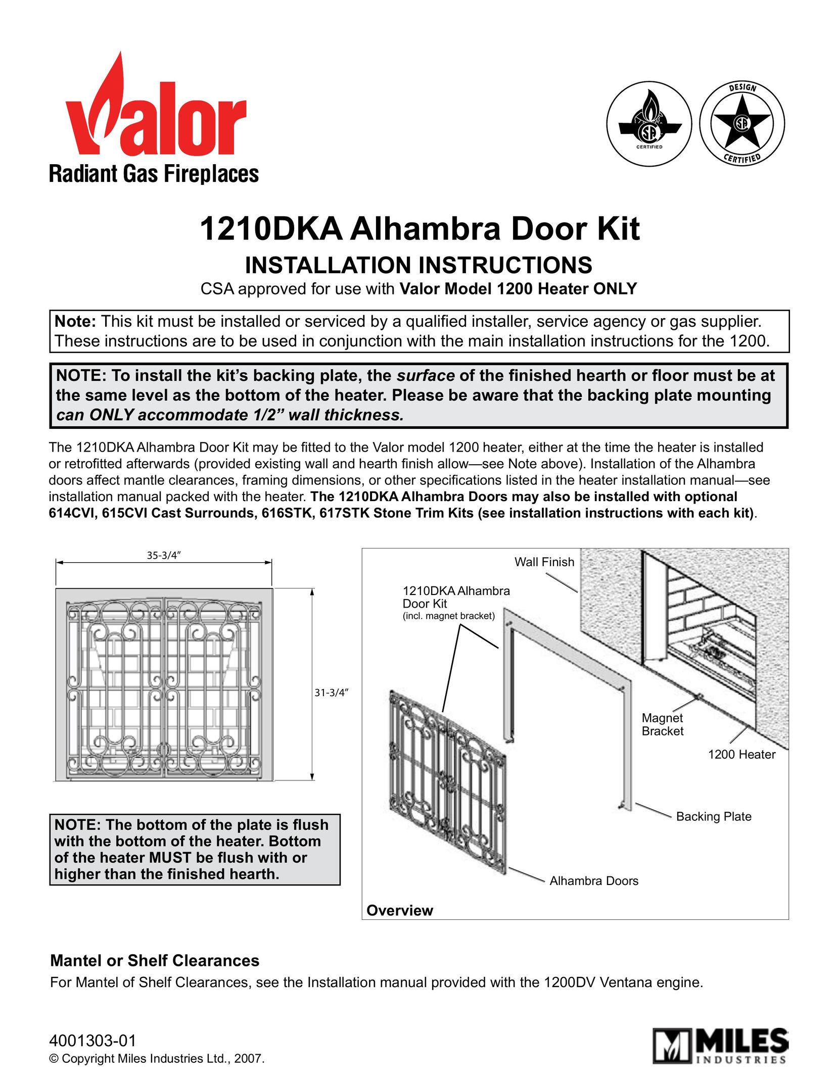 Valor Auto Companion Inc. 1210DKA Indoor Fireplace User Manual