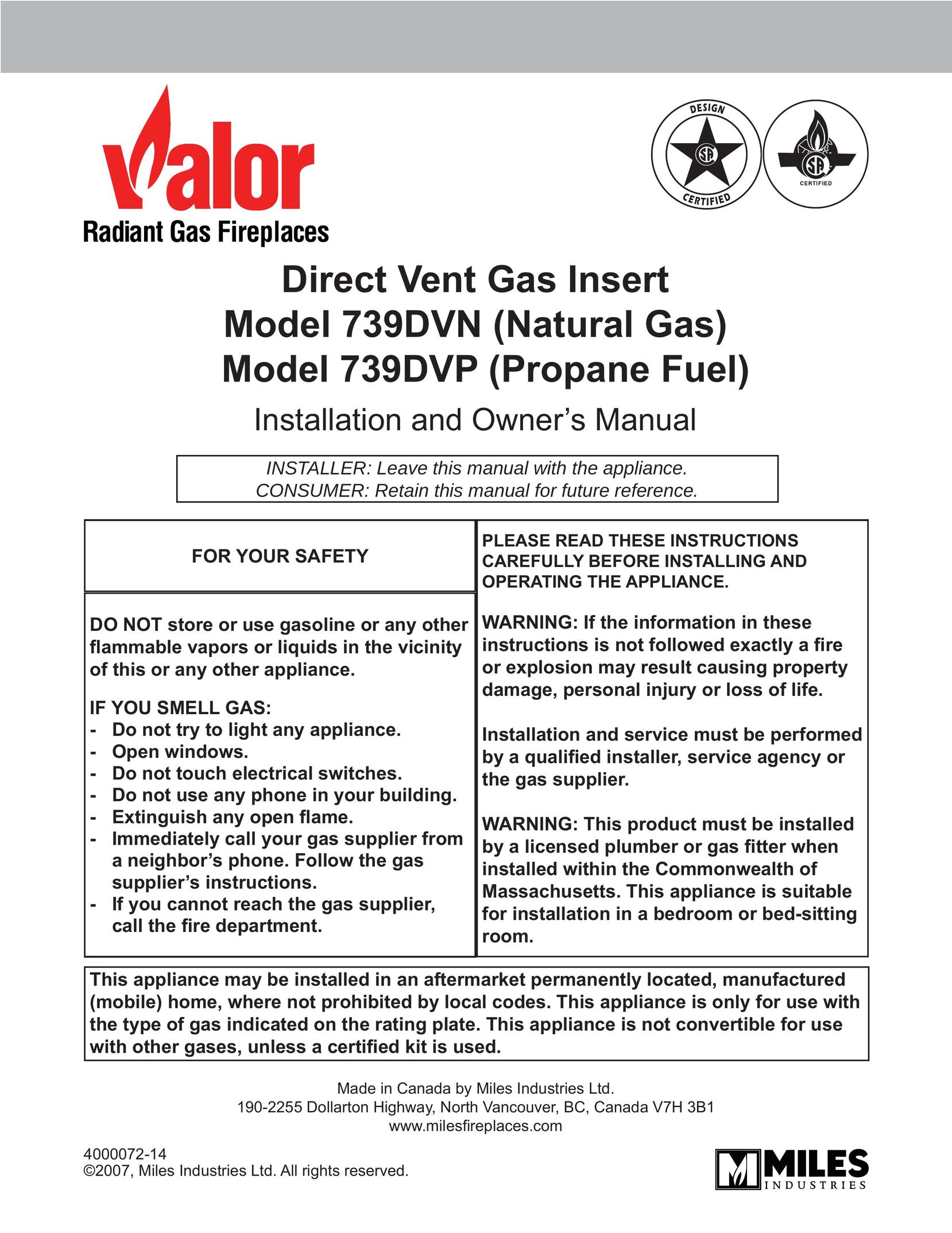Valor Auto Companion Inc. 739DVP Indoor Fireplace User Manual