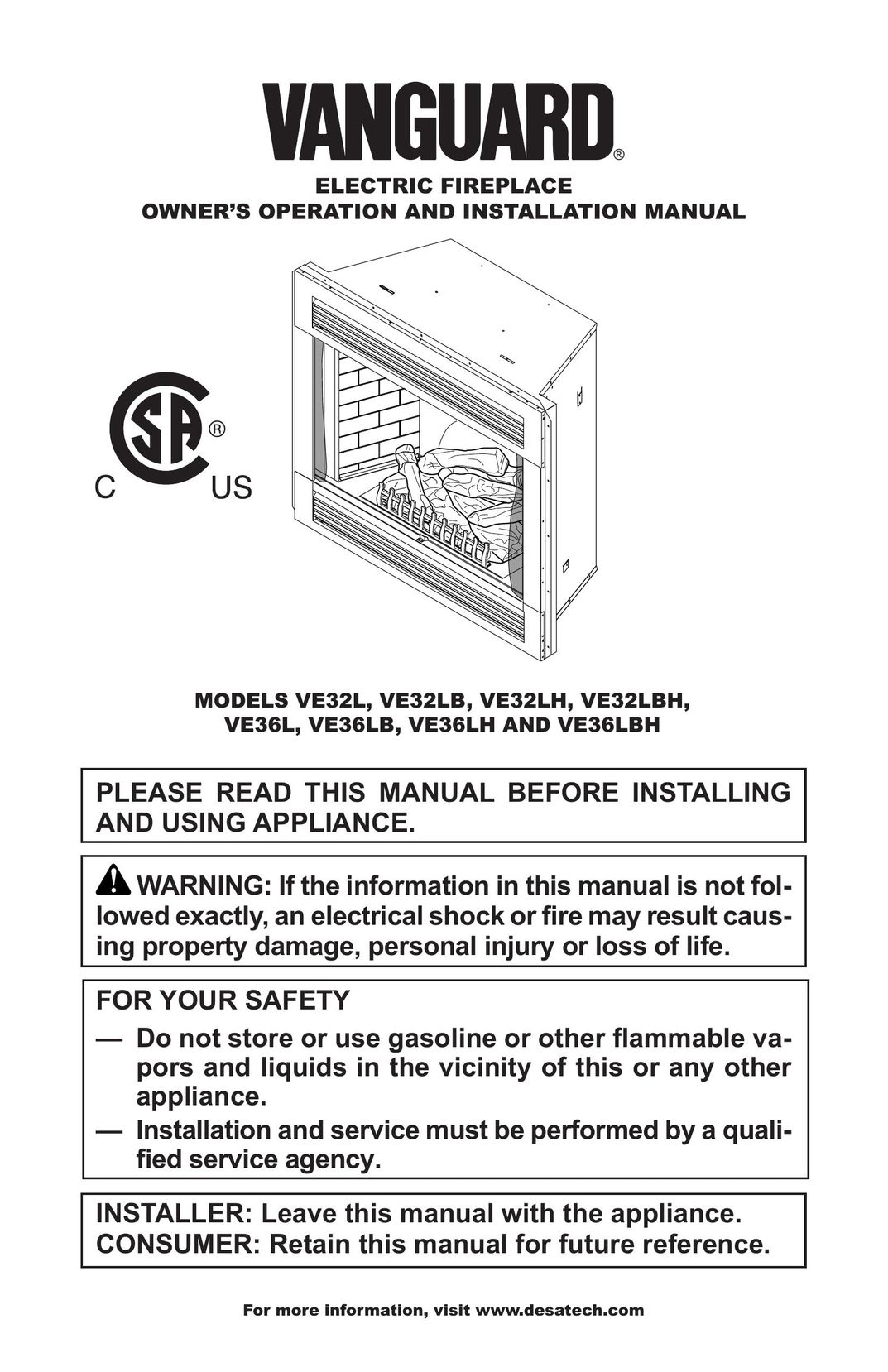 Vanguard VE36L Indoor Fireplace User Manual