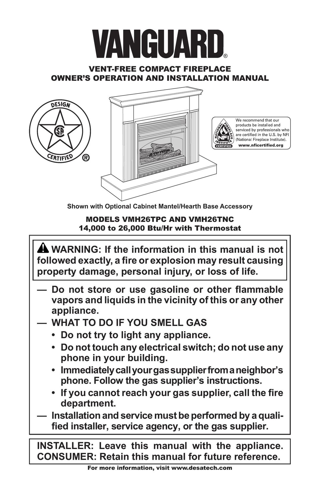 Vanguard VMH26TNC Indoor Fireplace User Manual